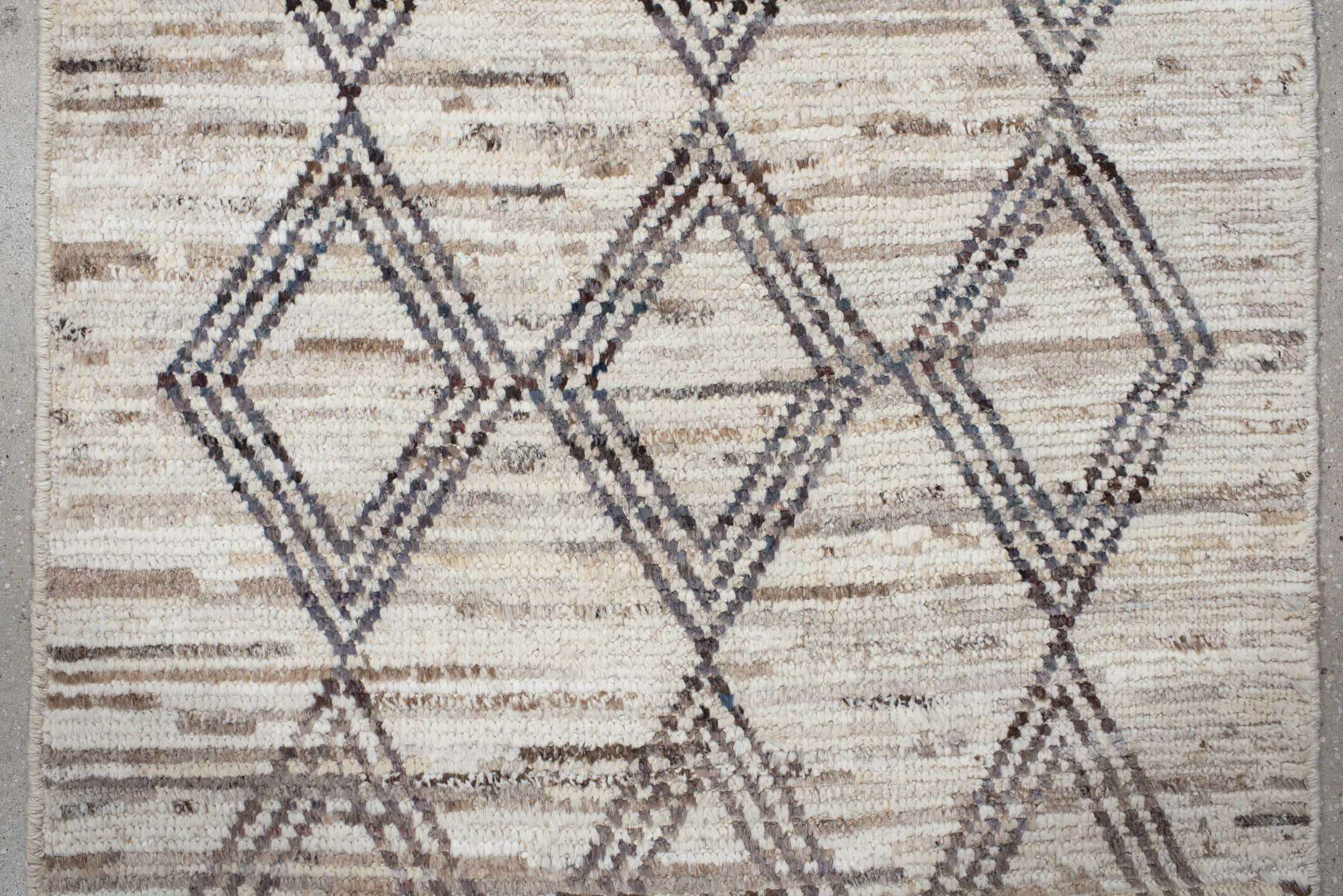 3' x 13' one-of-a-kind handmade vintage Tulu runner rug. Color palette: ivory, charcoal, taupe, beige, gray, black