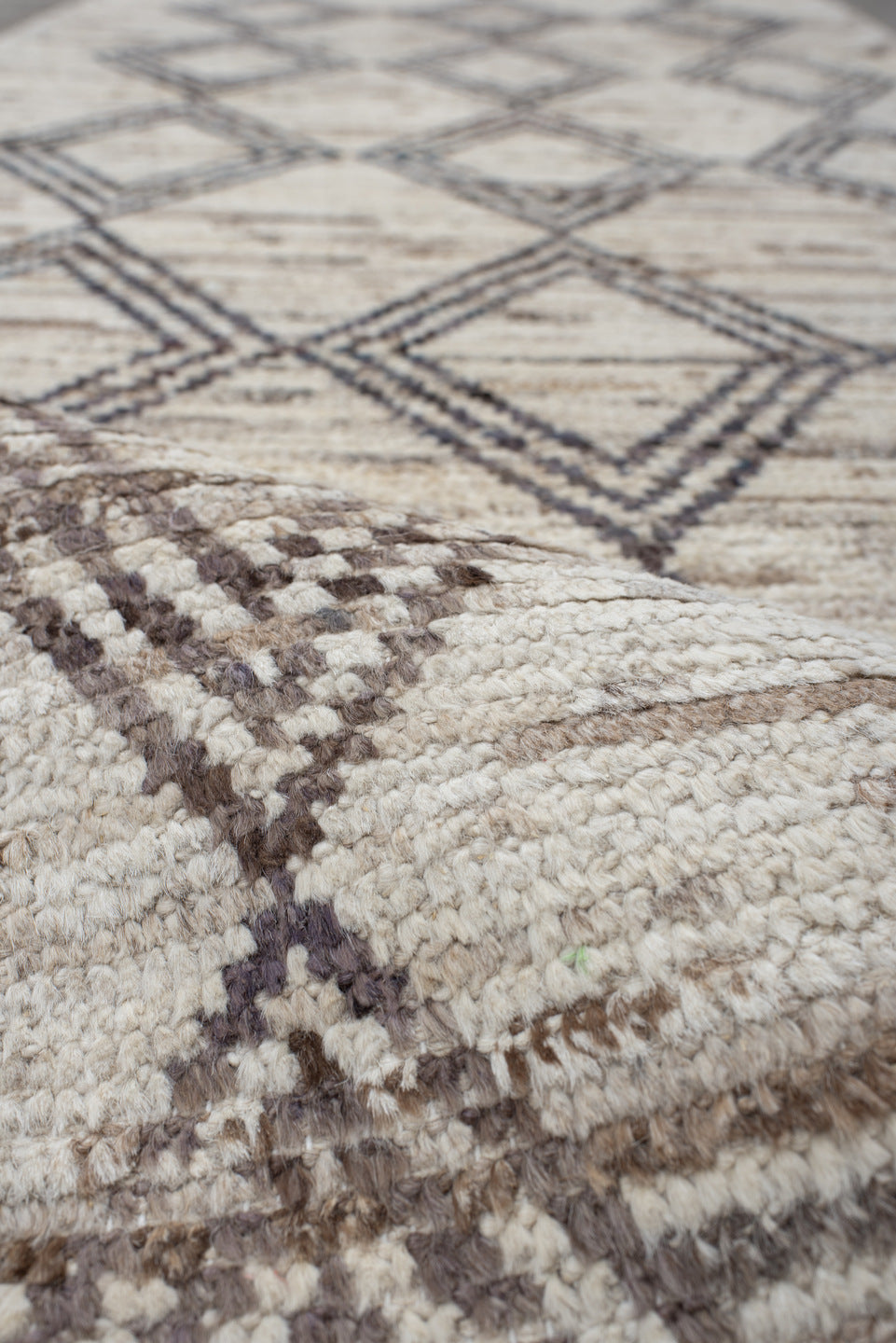 3' x 13' one-of-a-kind handmade vintage Tulu runner rug. Color palette: ivory, charcoal, taupe, beige, gray, black