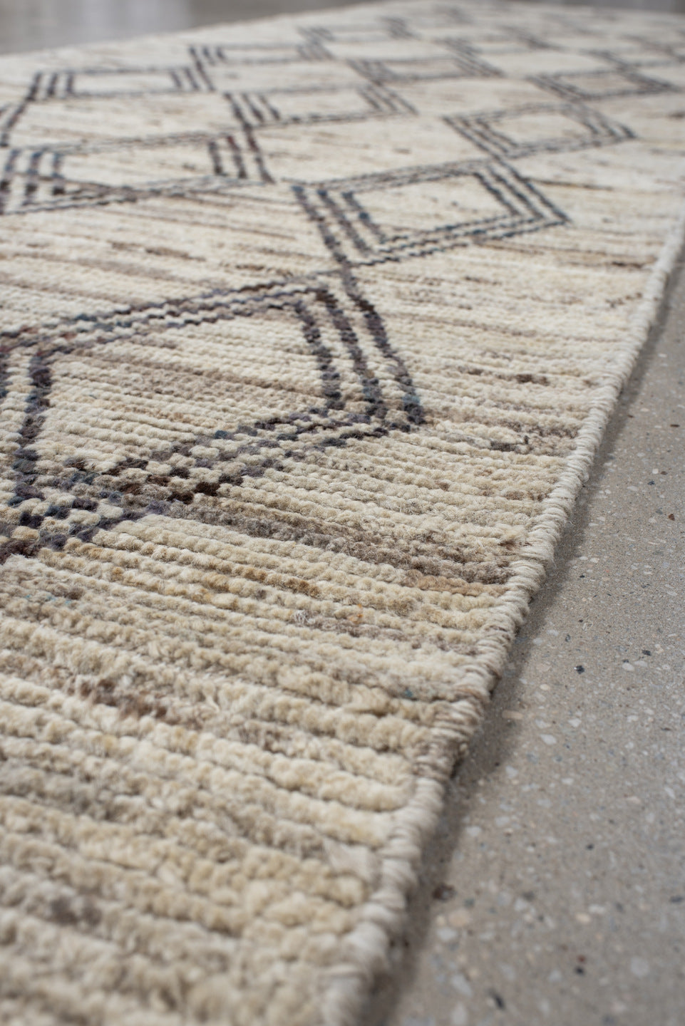 3' x 13' one-of-a-kind handmade vintage Tulu runner rug. Color palette: ivory, charcoal, taupe, beige, gray, black