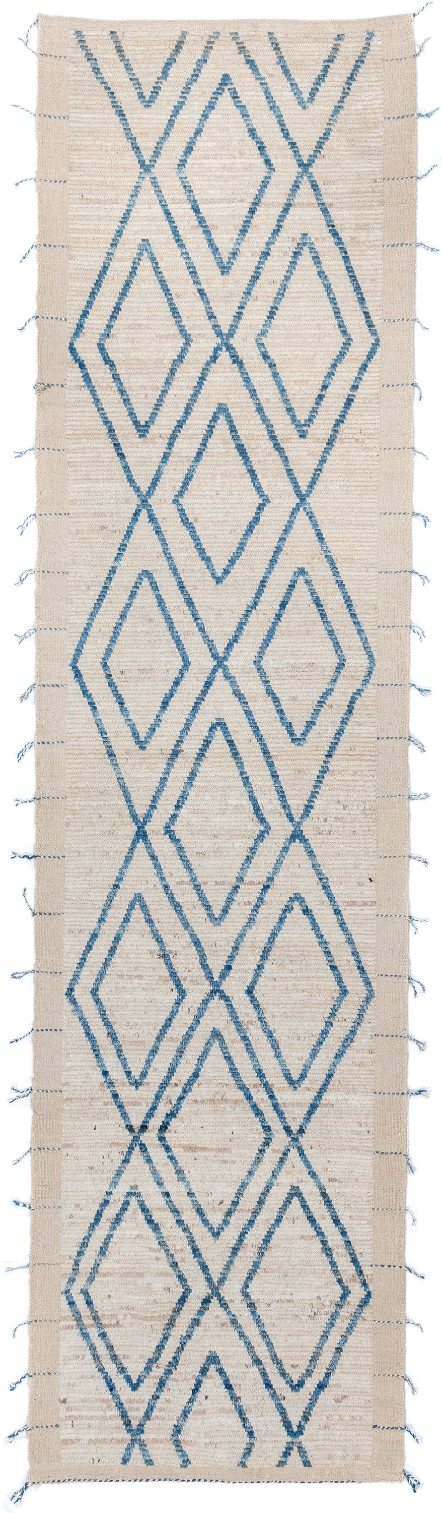 3' x 13' one-of-a-kind handmade vintage Tulu runner rug. Color palette: ivory, sky blue, cream, beige, light blue