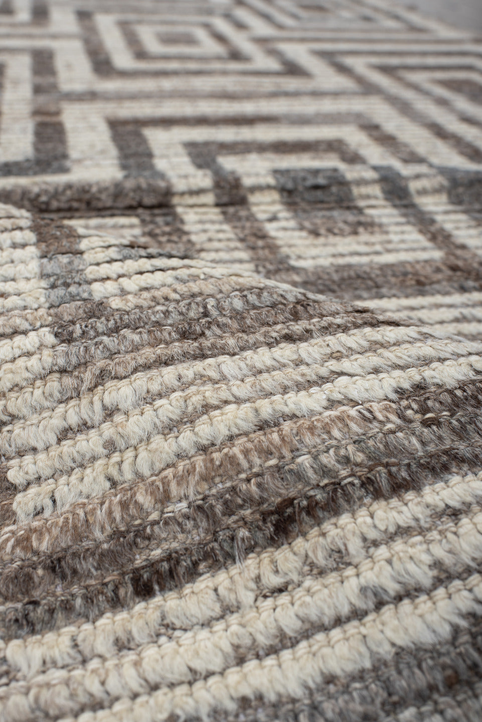 3' x 13' one-of-a-kind handmade vintage Tulu runner rug. Color palette: ivory, taupe, brown, charcoal, greige, beige, gray