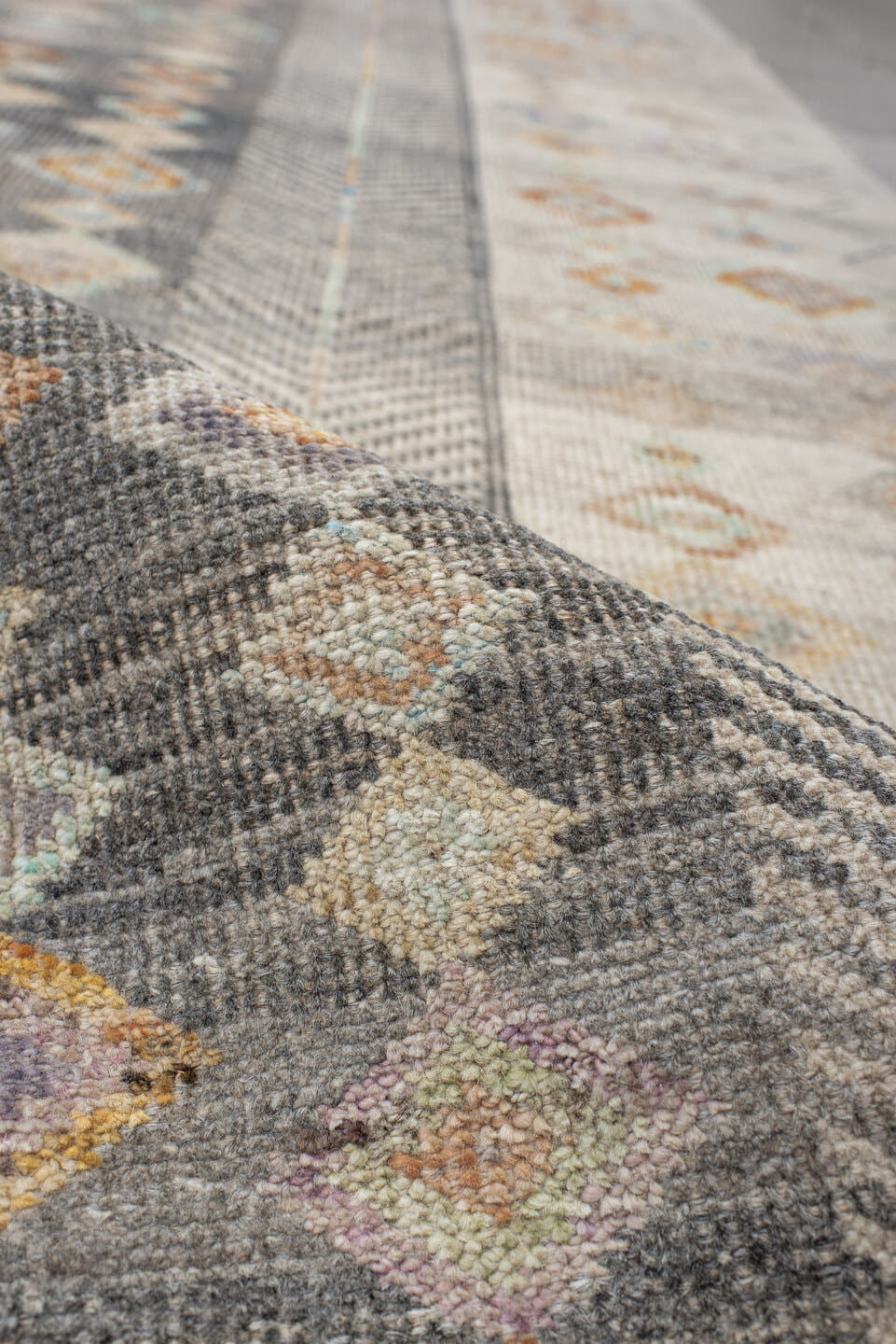 3' x 12' one-of-a-kind handmade vintage Tulu runner rug. Color palette: ivory, taupe, charcoal, camel, pale blue, saffron