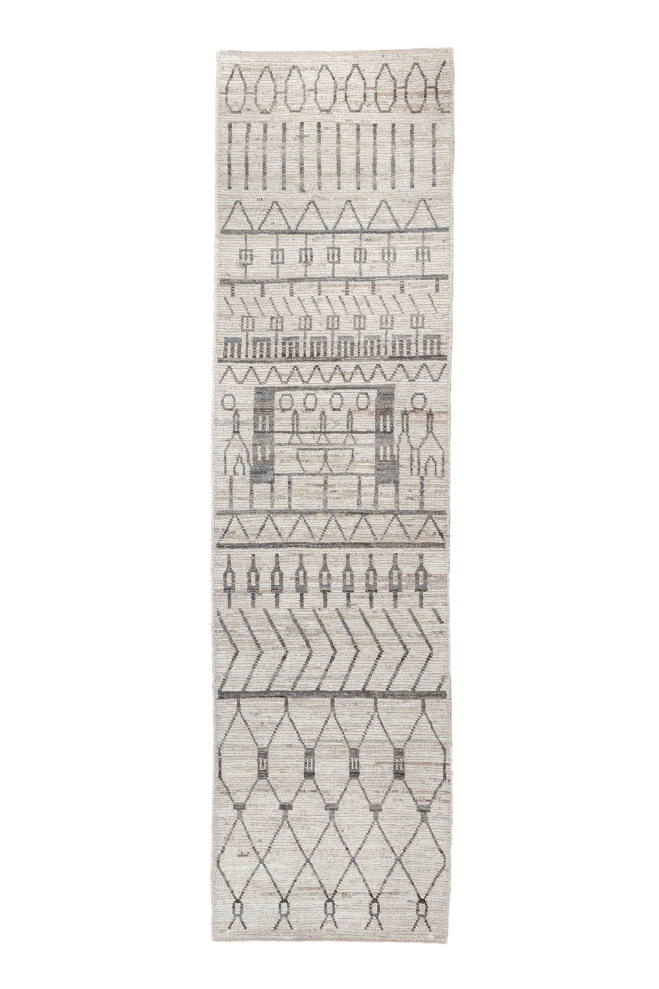 3' x 11' one-of-a-kind handmade vintage Tulu runner rug. Color palette: dark gray, dim gray, gainsboro, gray, light gray