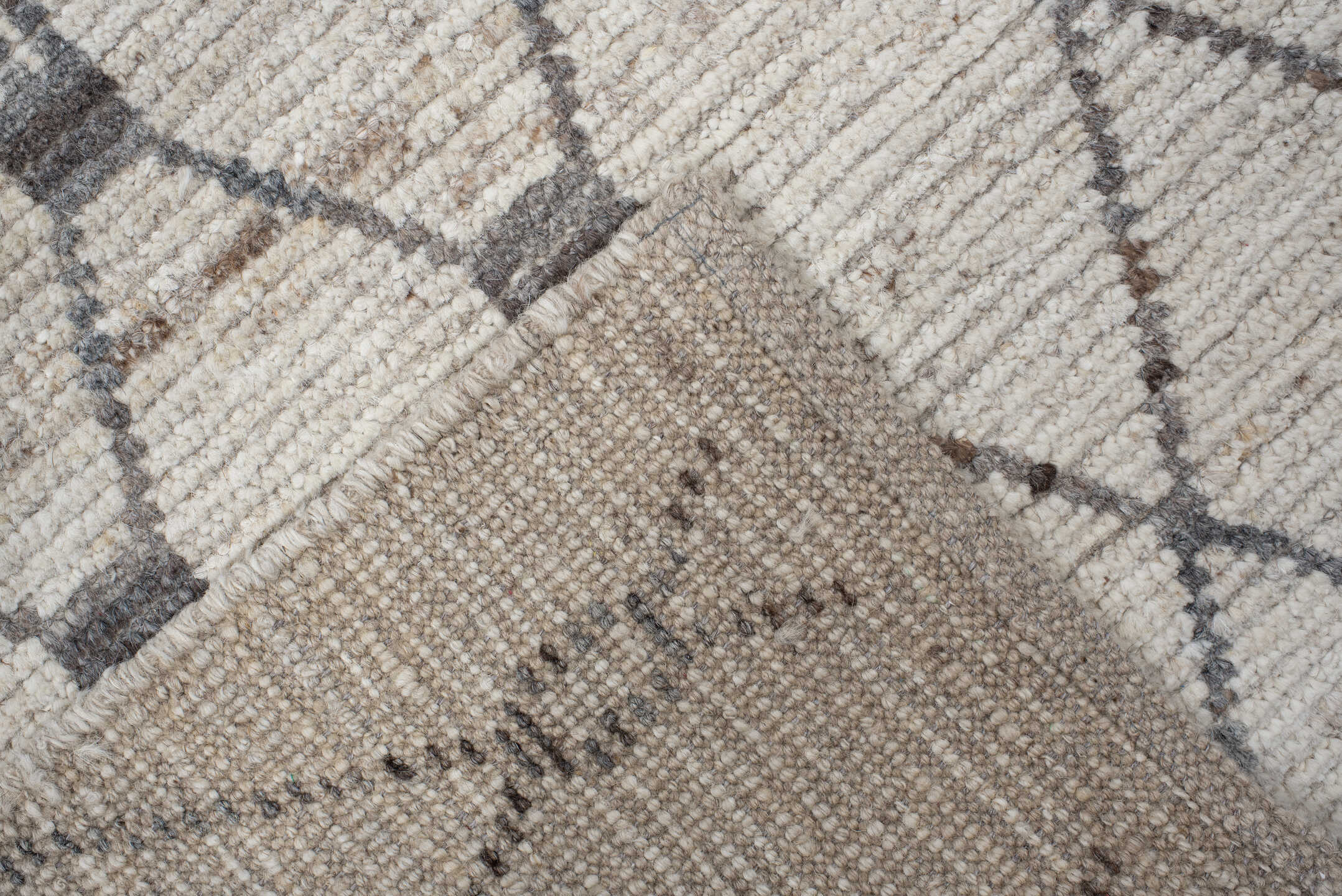 3' x 11' one-of-a-kind handmade vintage Tulu runner rug. Color palette: ivory, charcoal, taupe, cream, camel, gray, black