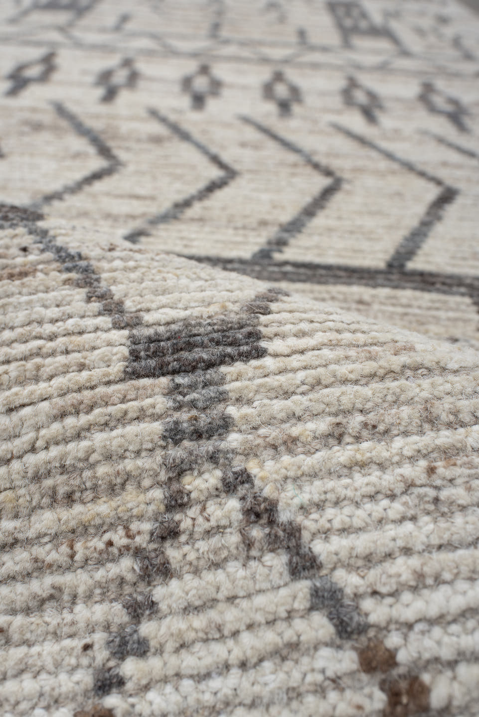 3' x 11' one-of-a-kind handmade vintage Tulu runner rug. Color palette: ivory, charcoal, taupe, cream, camel, gray, black