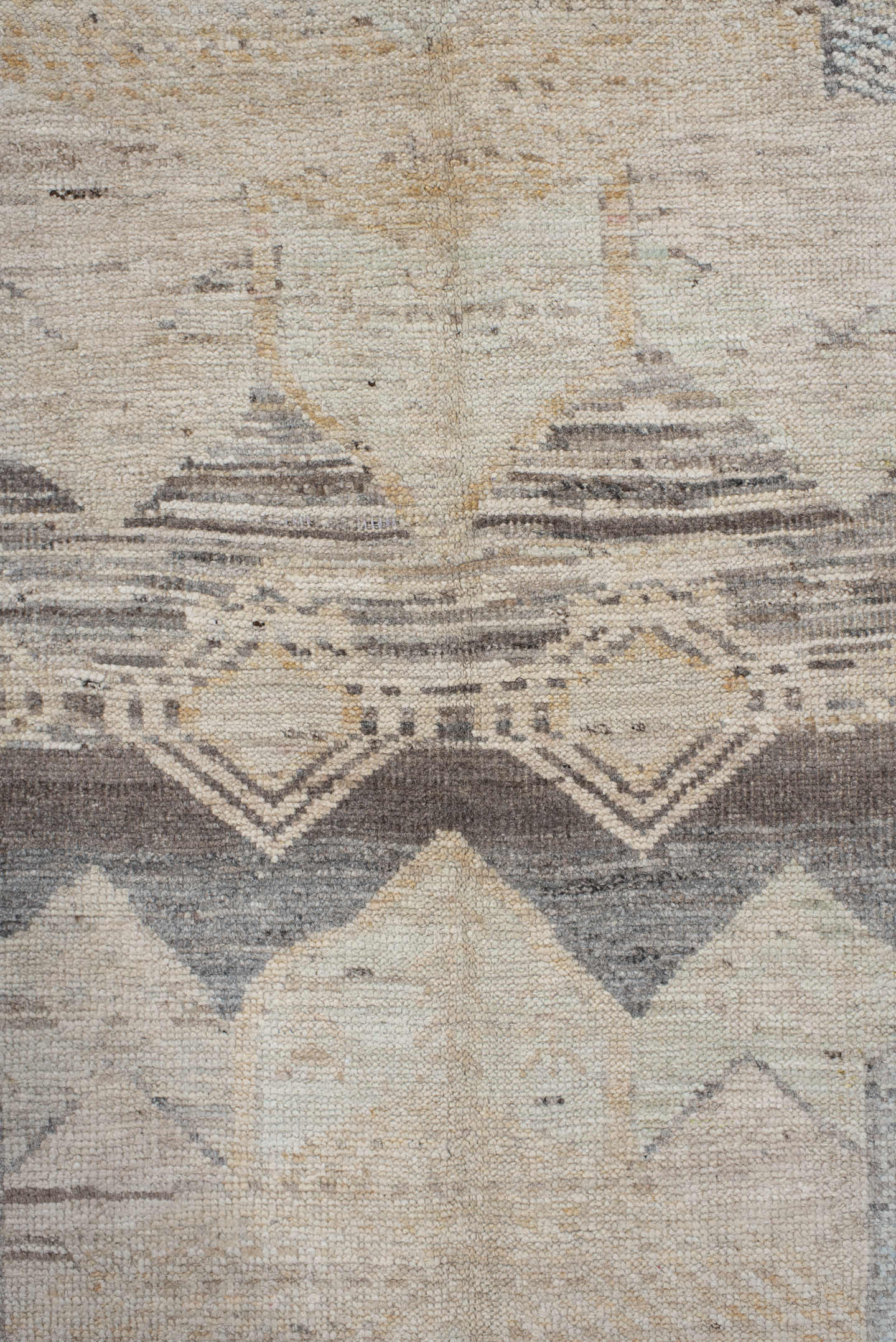 5' x 7' one-of-a-kind handmade vintage Tulu rug. Color palette: ivory, taupe, gray, pale blue, cream, charcoal, sand, beige