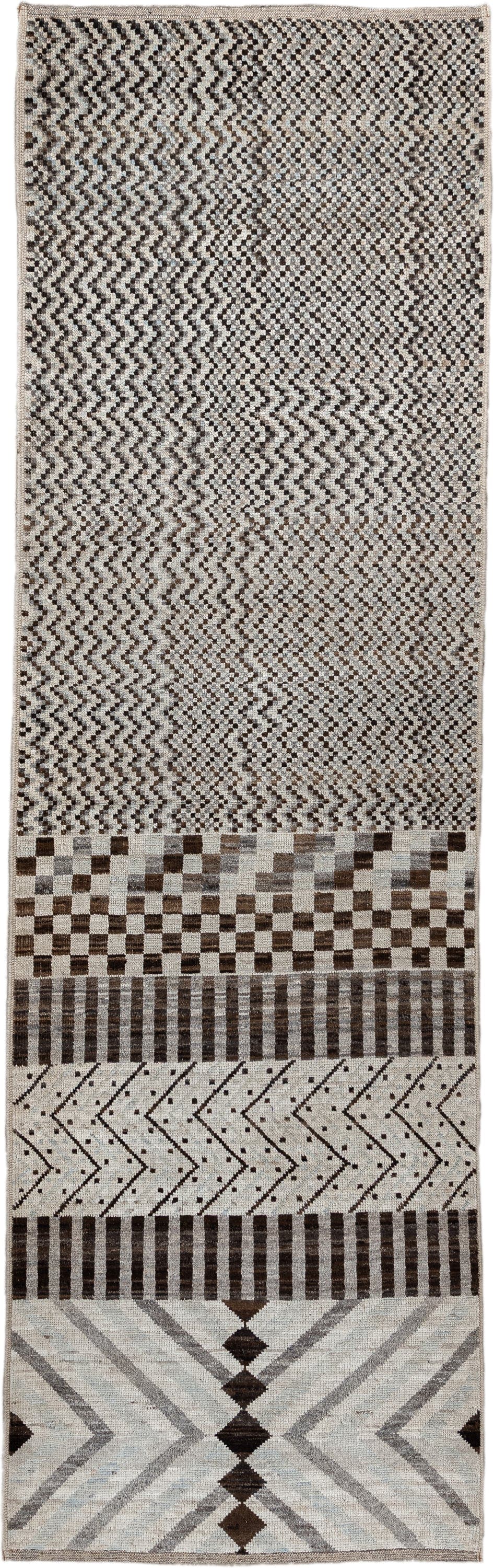 2' x 9' one-of-a-kind handmade vintage Tulu runner rug. Color palette: ivory, brown, gray, charcoal, taupe, black, beige
