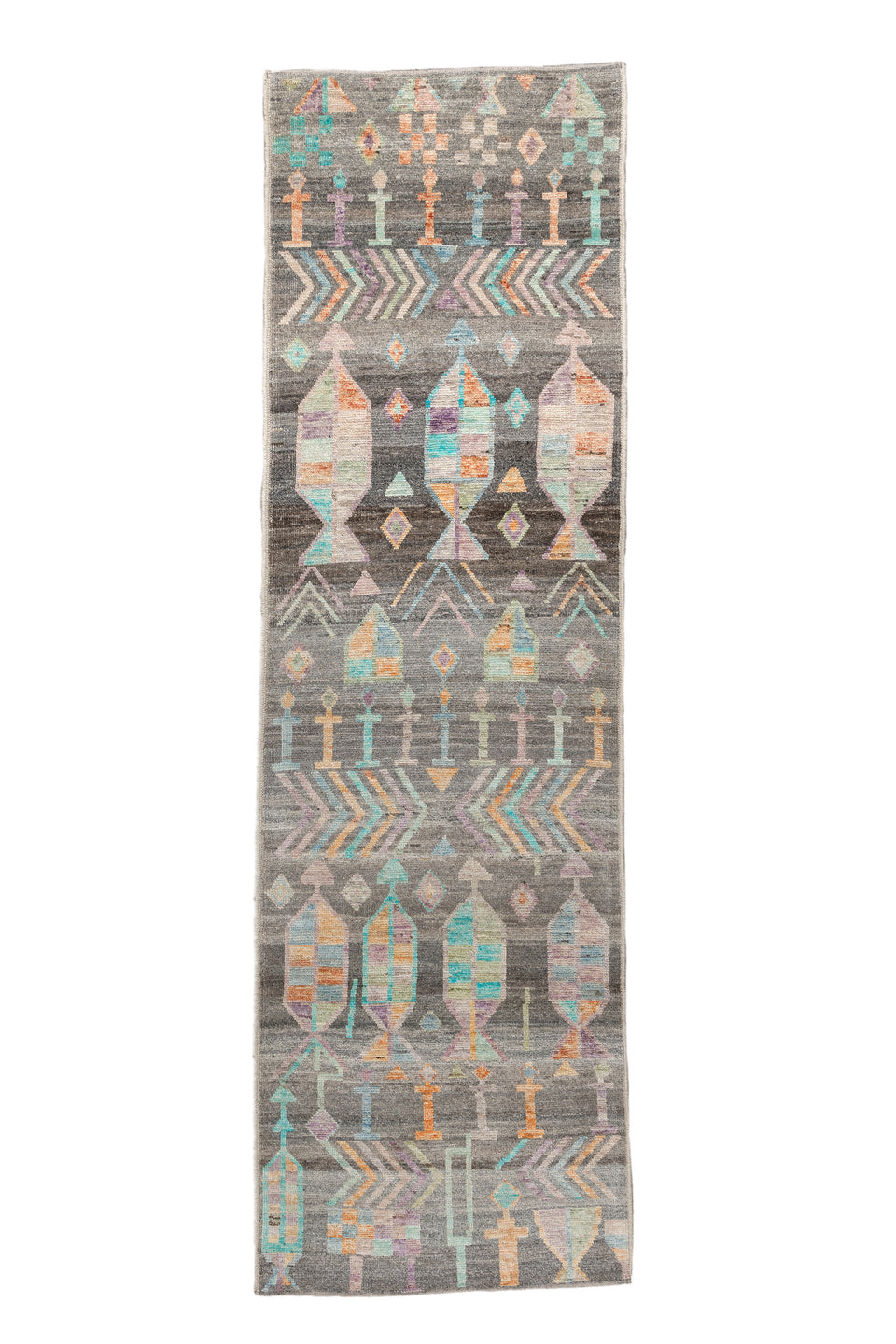 2' x 9' one-of-a-kind handmade vintage Tulu runner rug. Color palette: black, blue, brown, dark cyan, dark gray, gainsboro