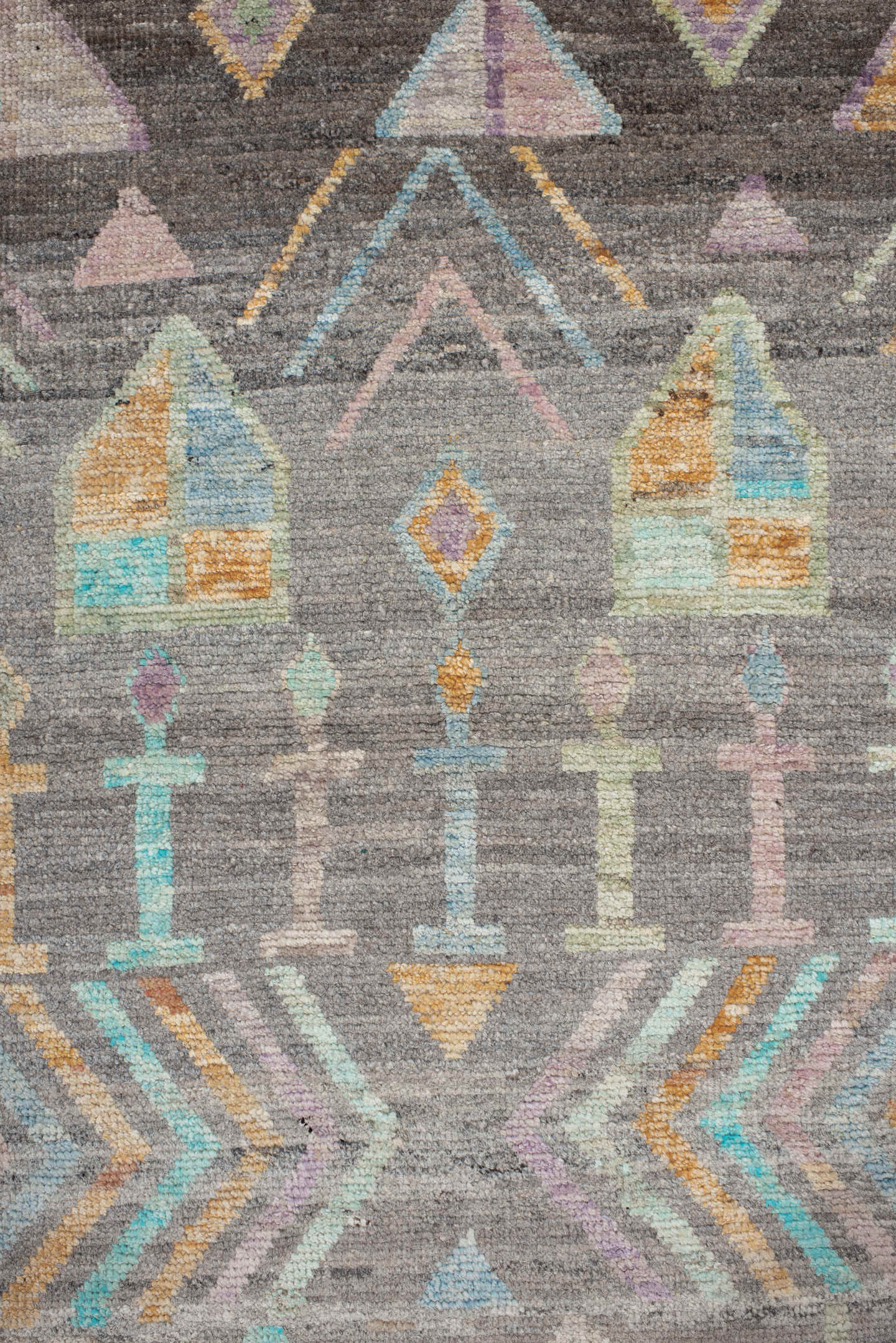 2' x 9' one-of-a-kind handmade vintage Tulu runner rug. Color palette: charcoal, aqua, ivory, lavender, peach, taupe, sage