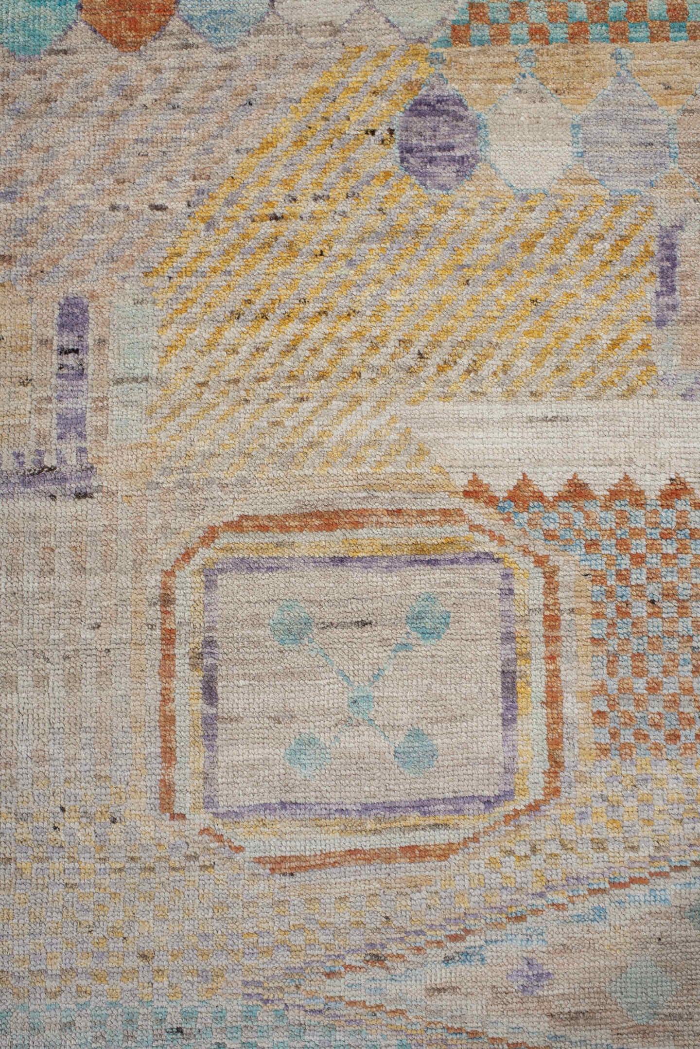 3' x 9' one-of-a-kind handmade vintage Tulu runner rug. Color palette: ivory, aqua, terra cotta, gold, lavender, taupe, teal