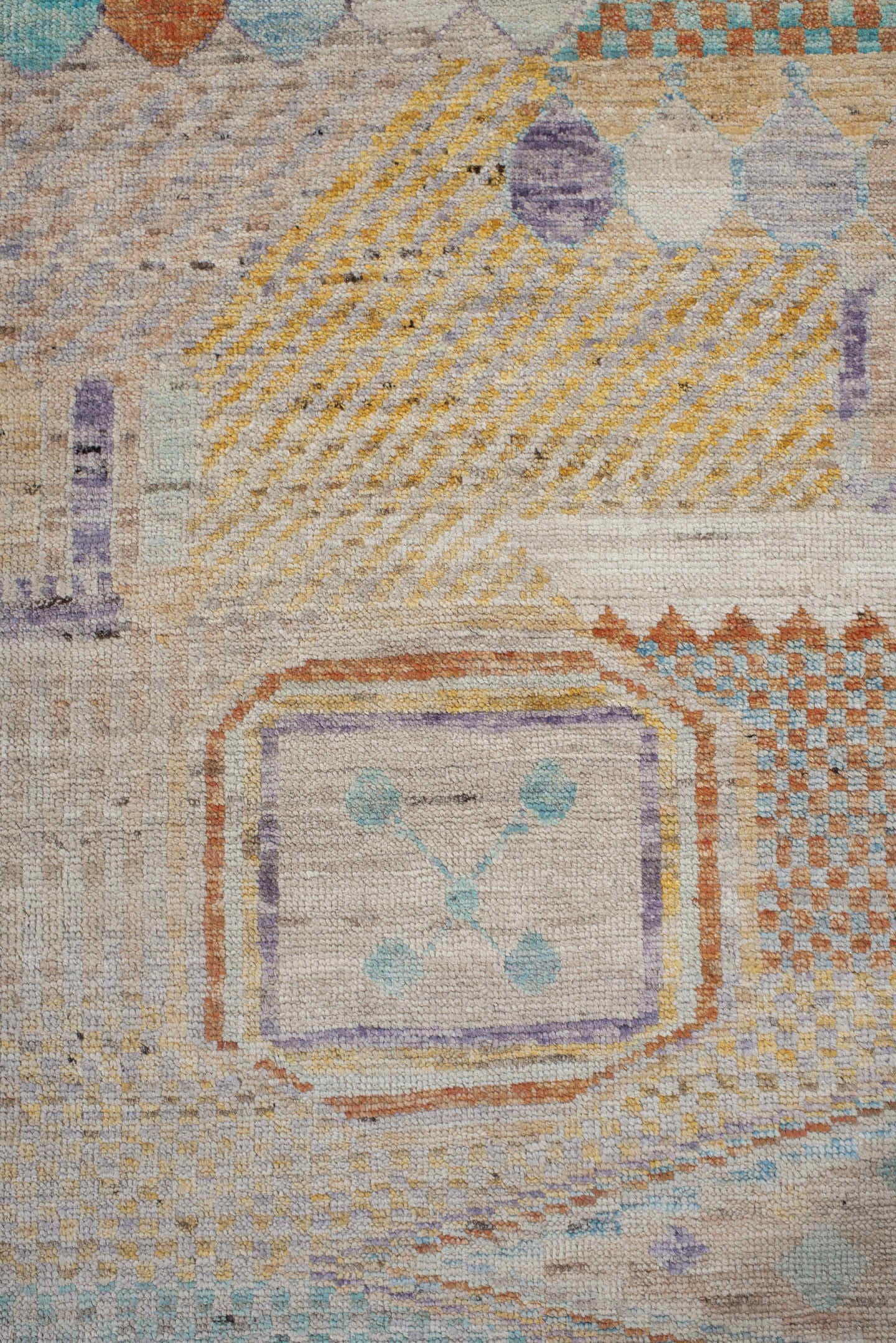 3' x 9' one-of-a-kind handmade vintage Tulu runner rug. Color palette: ivory, aqua, terra cotta, gold, lavender, taupe, teal