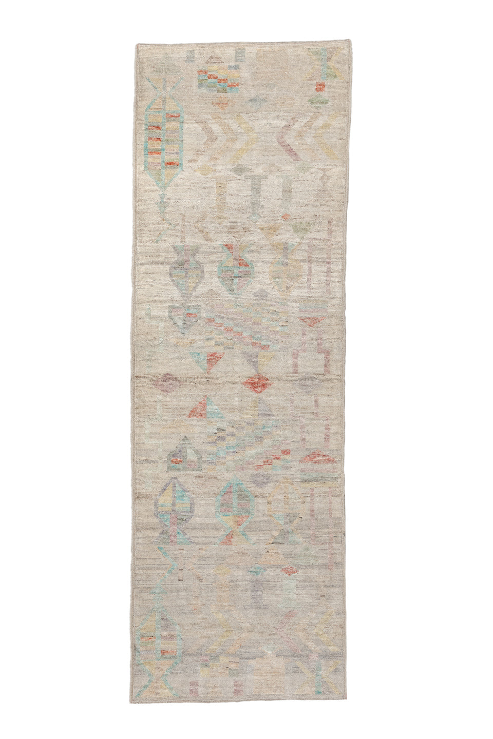 3' x 9' one-of-a-kind handmade vintage Tulu runner rug. Color palette: off-white, gray, light gray, pink, brown, silver