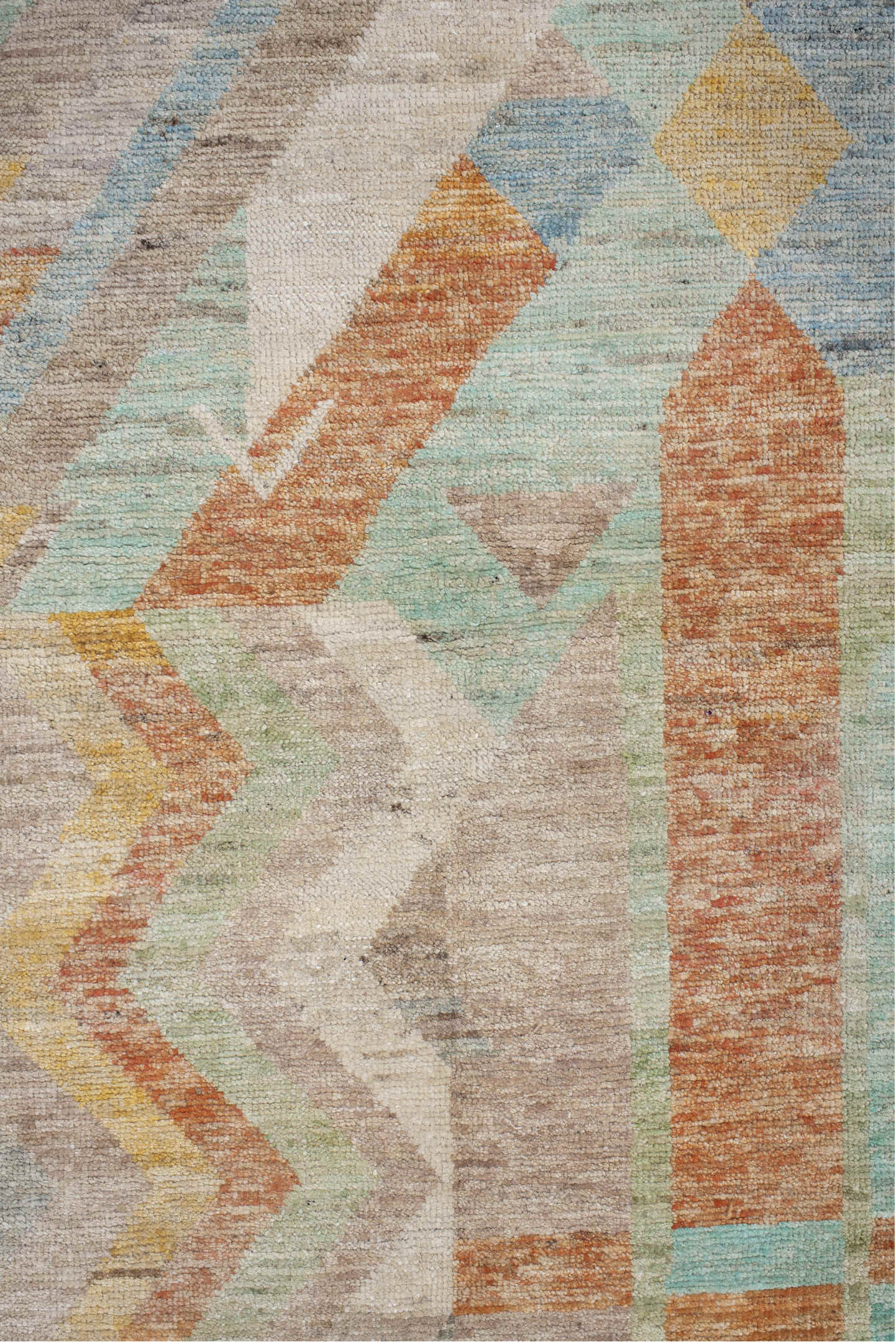 2' x 9' one-of-a-kind handmade vintage Tulu runner rug. Color palette: taupe, ivory, sage, terra cotta, pale blue, gold
