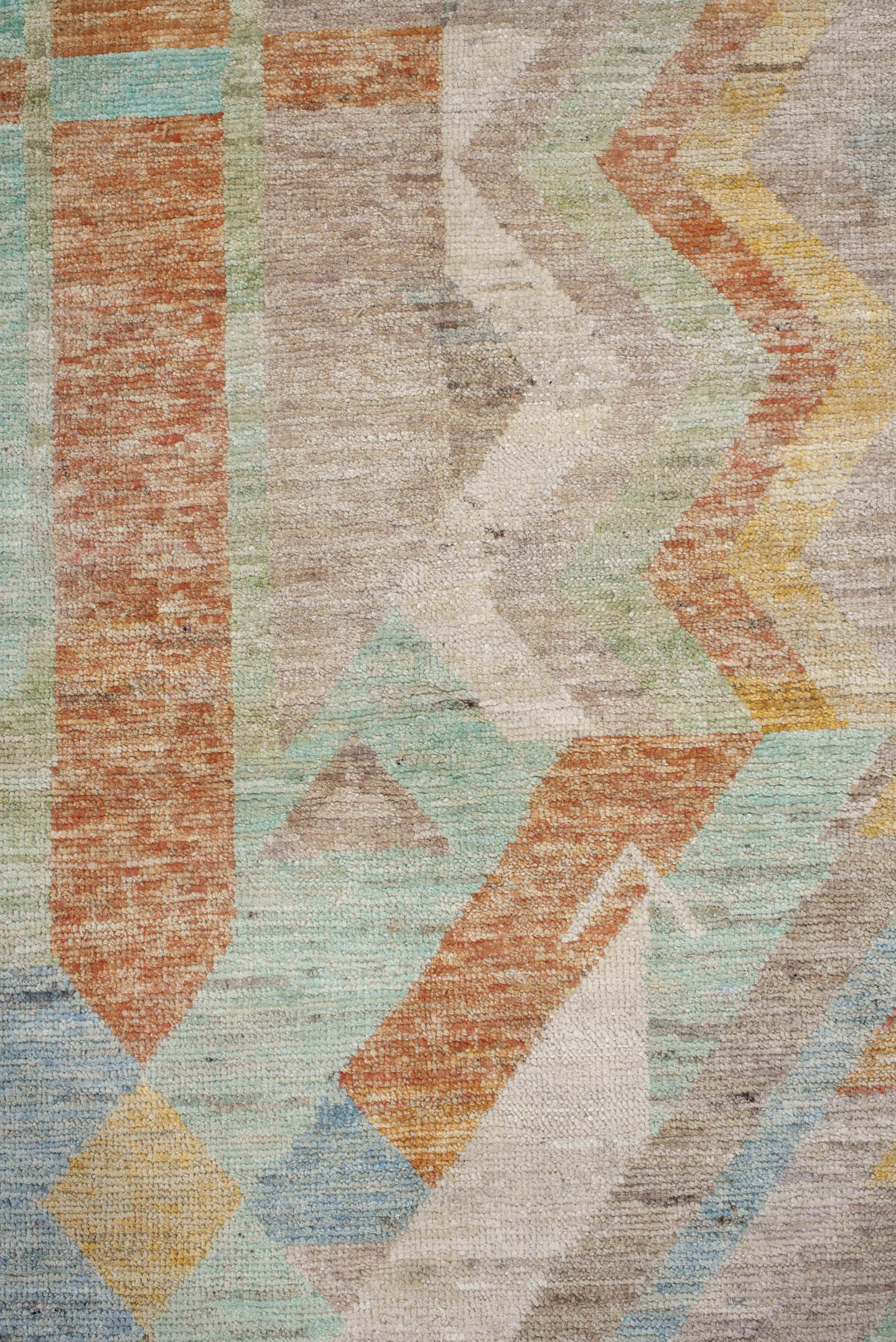 2' x 9' one-of-a-kind handmade vintage Tulu runner rug. Color palette: taupe, ivory, sage, terra cotta, pale blue, gold