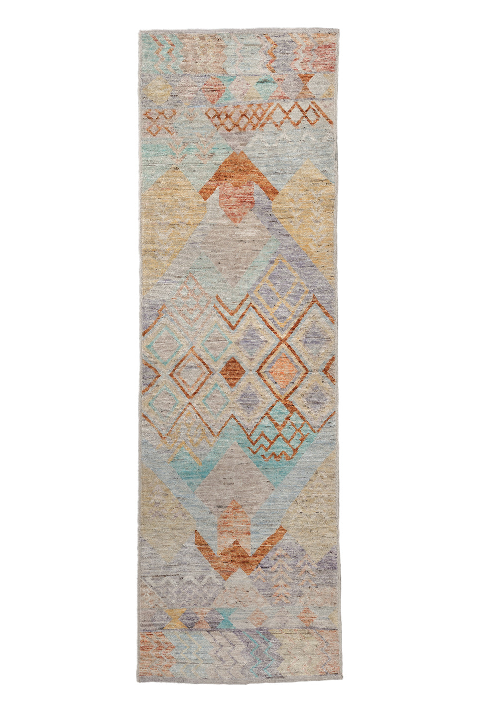 3' x 9' one-of-a-kind handmade vintage Tulu runner rug. Color palette: off-white, light gray, blue, gray, orange, brown