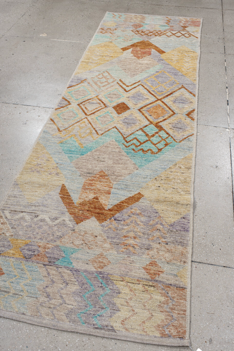 3' x 9' one-of-a-kind handmade vintage Tulu runner rug. Color palette: blue, brown, dim gray, gainsboro, gray, light gray