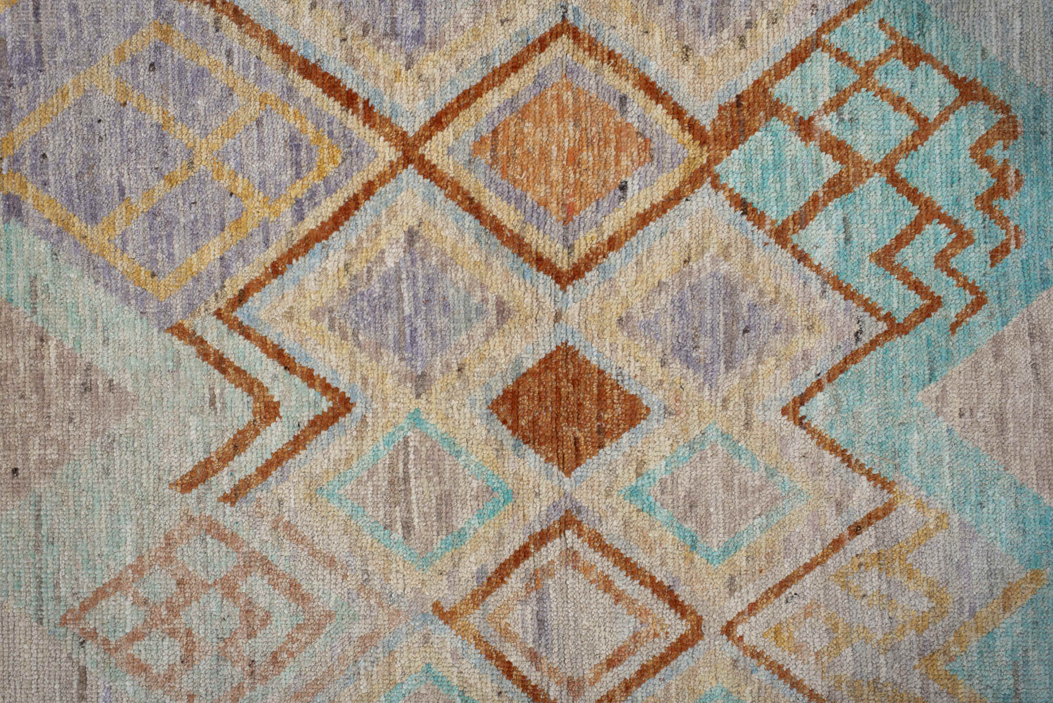 3' x 9' one-of-a-kind handmade vintage Tulu runner rug. Color palette: off-white, light gray, blue, gray, orange, brown