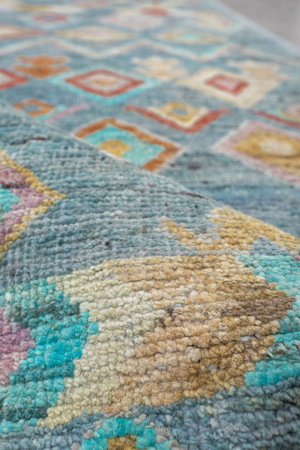 2' x 9' one-of-a-kind handmade vintage Tulu runner rug. Color palette: sky blue, ivory, turquoise, coral, gold, peach