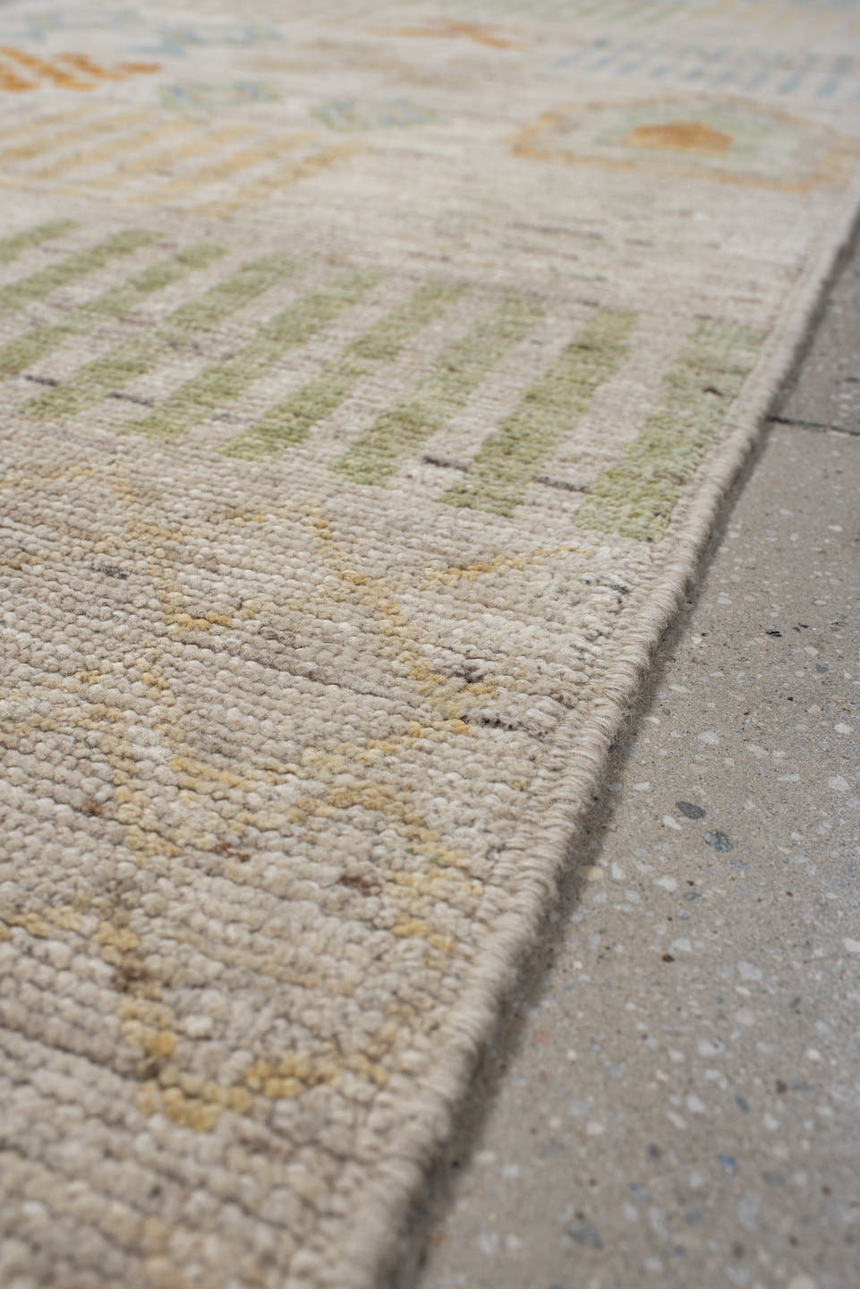 2' x 9' one-of-a-kind handmade vintage Tulu runner rug. Color palette: ivory, beige, sage, pale blue, soft gold, apricot