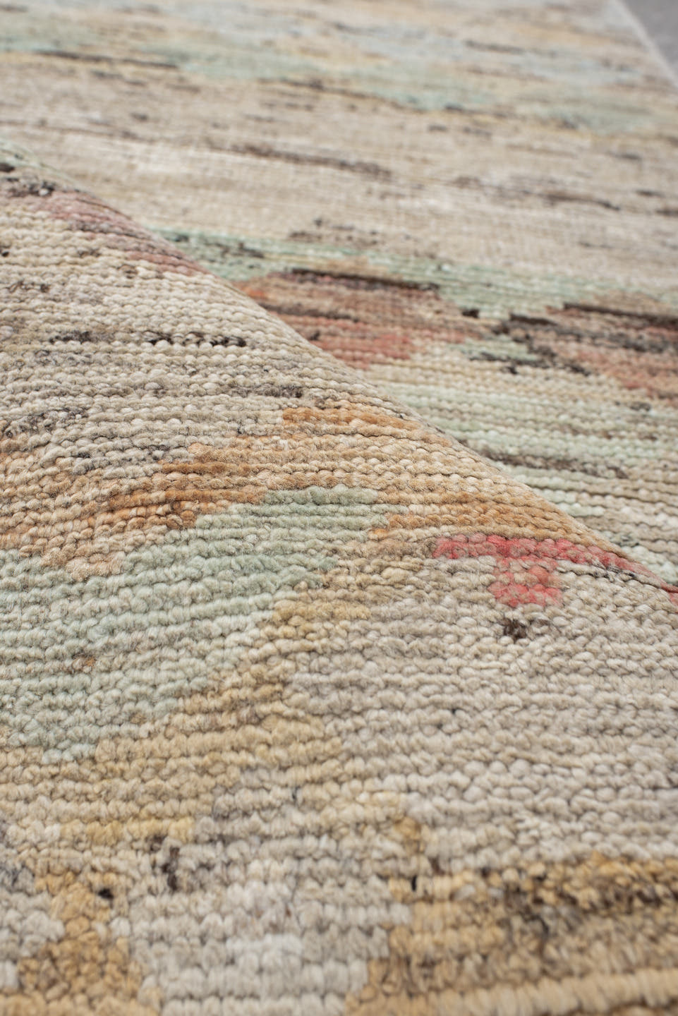 2' x 9' one-of-a-kind handmade vintage Tulu runner rug. Color palette: ivory, taupe, camel, aqua, blush, charcoal, rust
