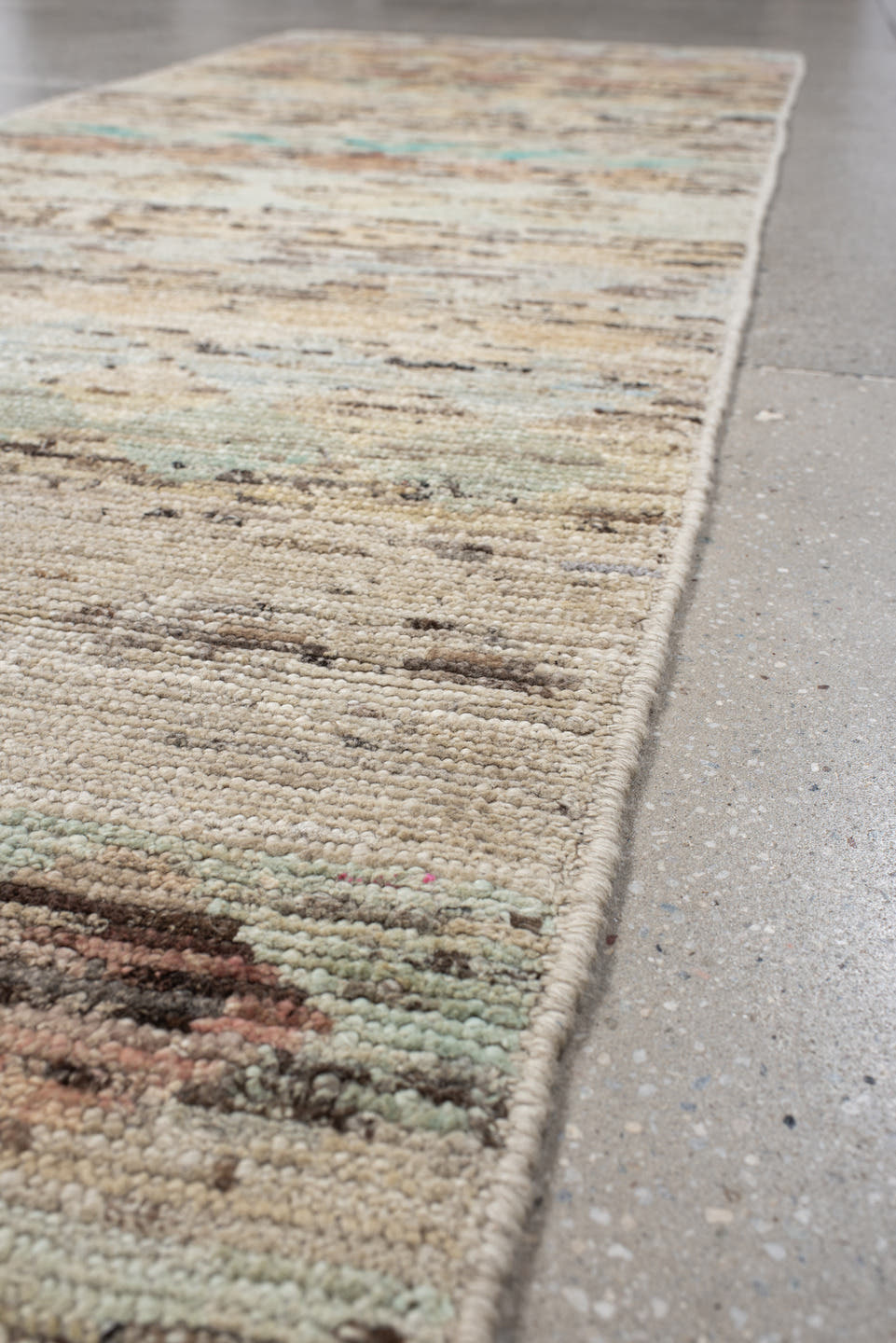 2' x 9' one-of-a-kind handmade vintage Tulu runner rug. Color palette: ivory, taupe, camel, aqua, blush, charcoal, rust