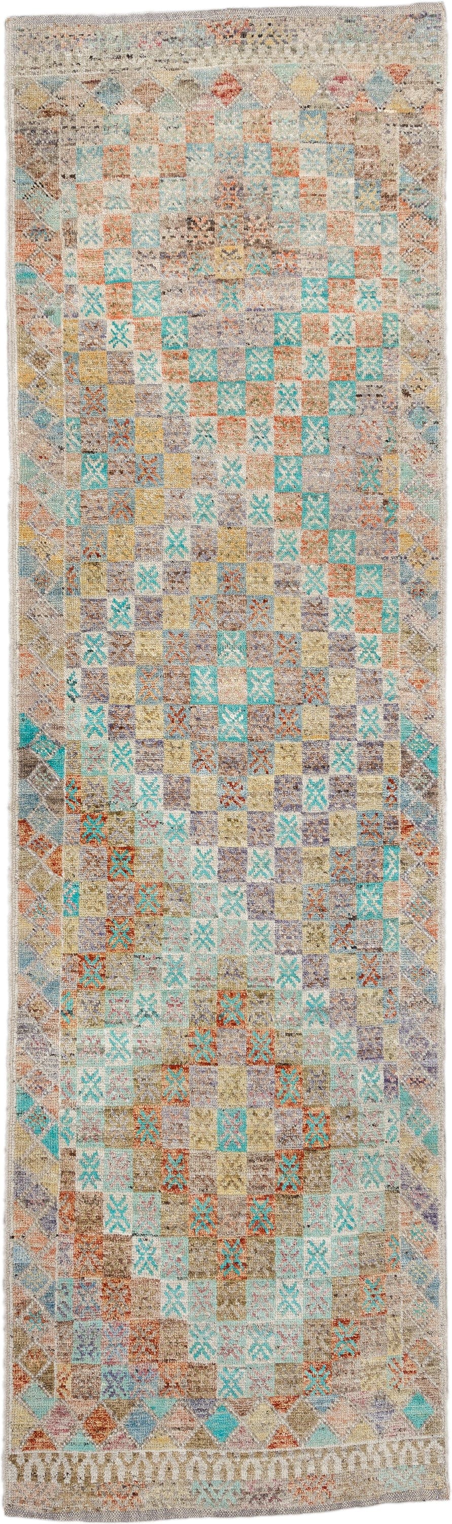 2' x 9' one-of-a-kind handmade vintage Tulu runner rug. Color palette: ivory, aqua, taupe, sand, terra cotta, gold, gray