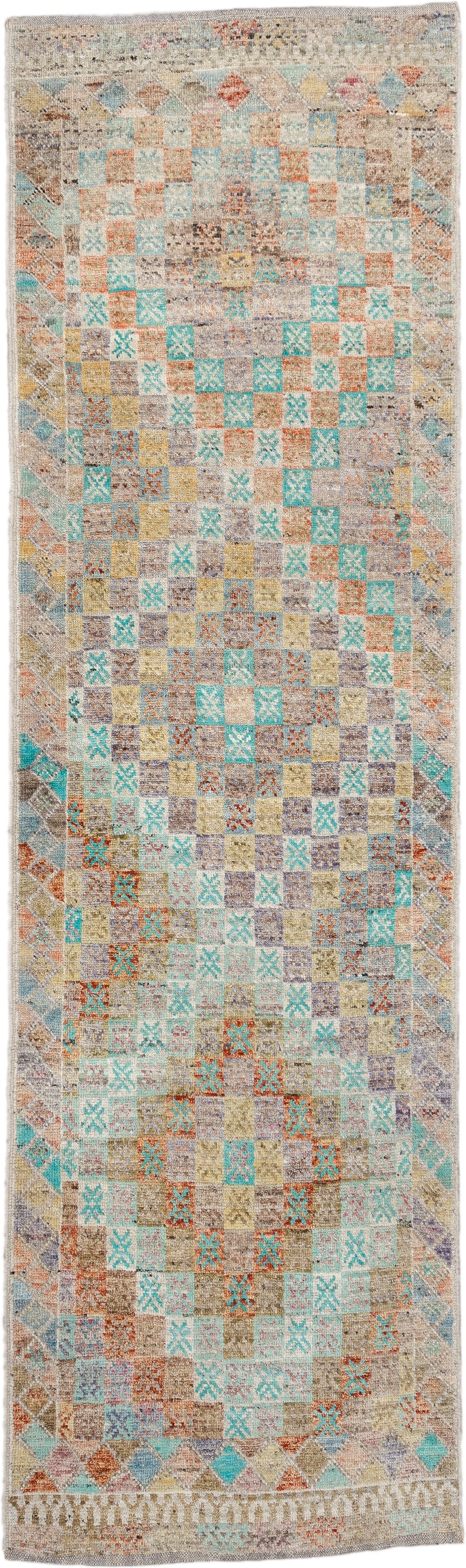 2' x 9' one-of-a-kind handmade vintage Tulu runner rug. Color palette: ivory, aqua, taupe, sand, terra cotta, gold, gray