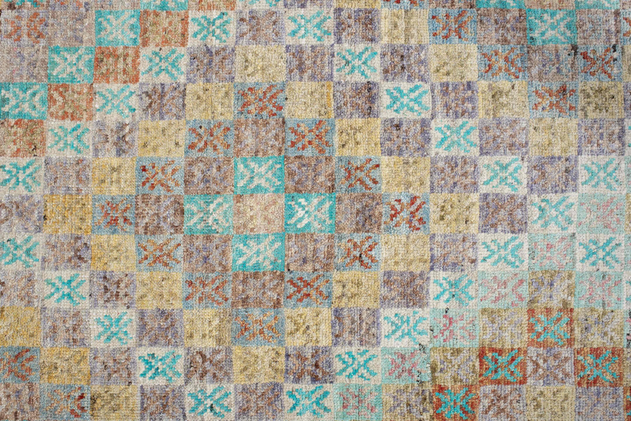 2' x 9' one-of-a-kind handmade vintage Tulu runner rug. Color palette: blue, brown, gainsboro, gray, green, light gray