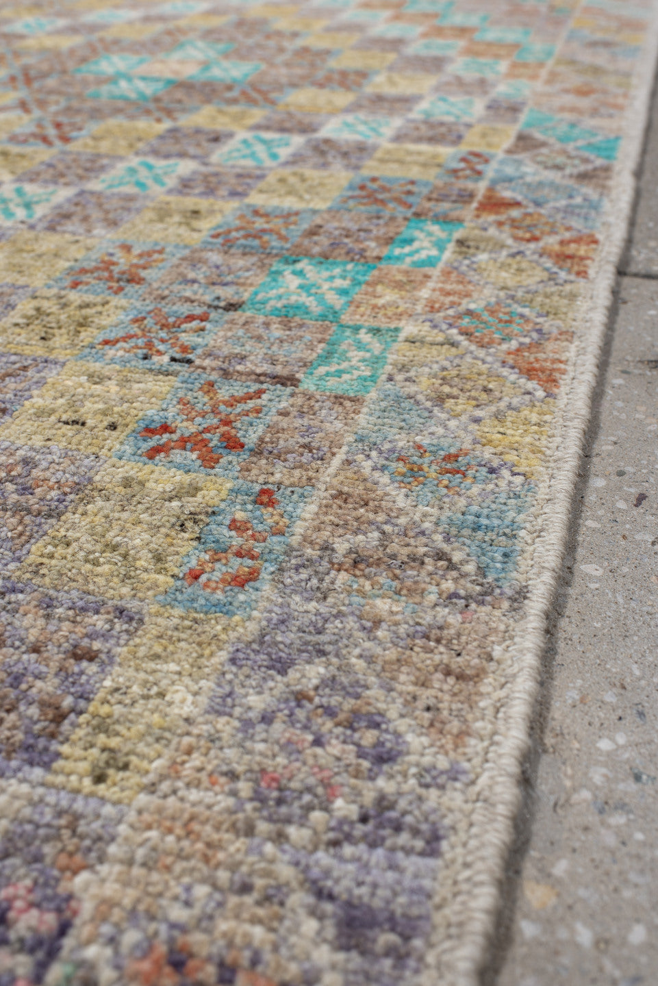 2' x 9' one-of-a-kind handmade vintage Tulu runner rug. Color palette: ivory, aqua, taupe, sand, terra cotta, gold, gray