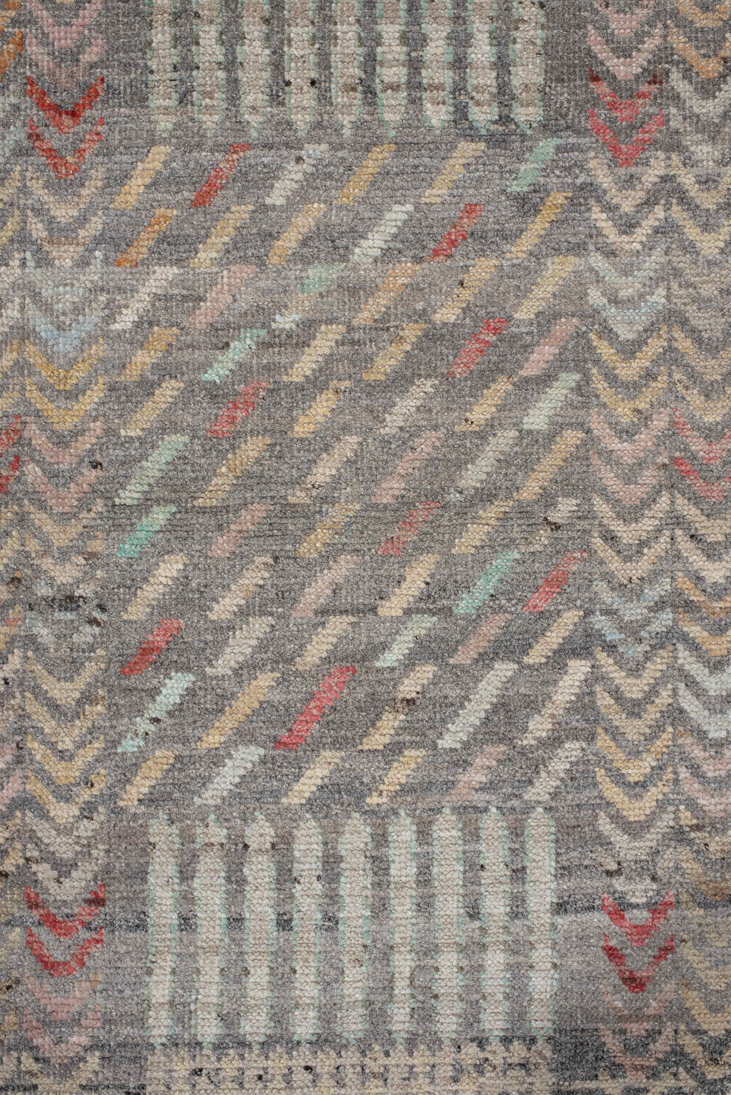 2' x 9' one-of-a-kind handmade vintage Tulu runner rug. Color palette: gray, ivory, taupe, pale aqua, butter yellow, blush