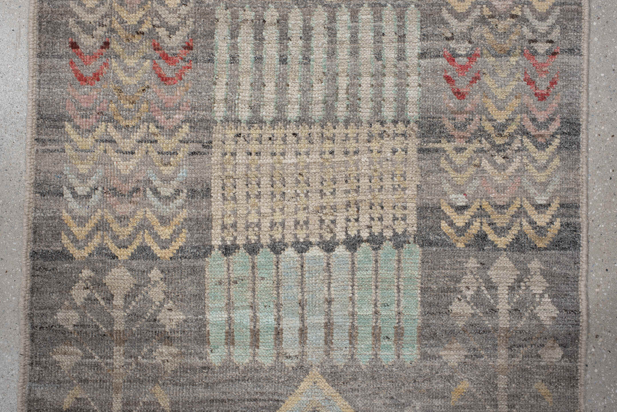 2' x 9' one-of-a-kind handmade vintage Tulu runner rug. Color palette: gray, ivory, taupe, pale aqua, butter yellow, blush