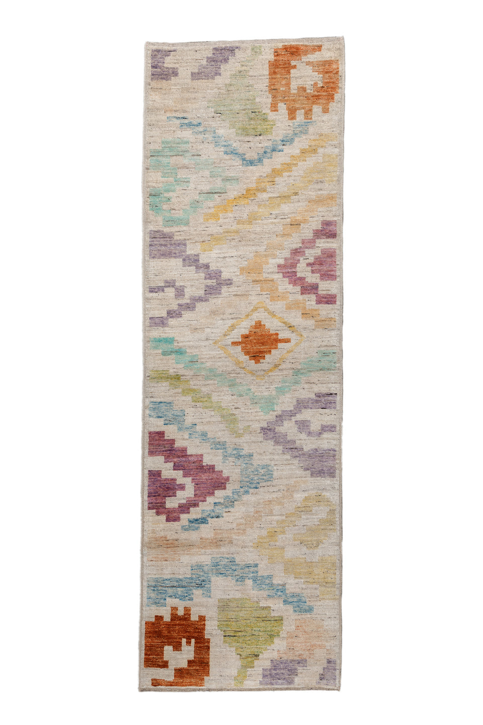 3' x 9' one-of-a-kind handmade vintage Tulu runner rug. Color palette: light gray, off-white, gray, blue, brown, pink