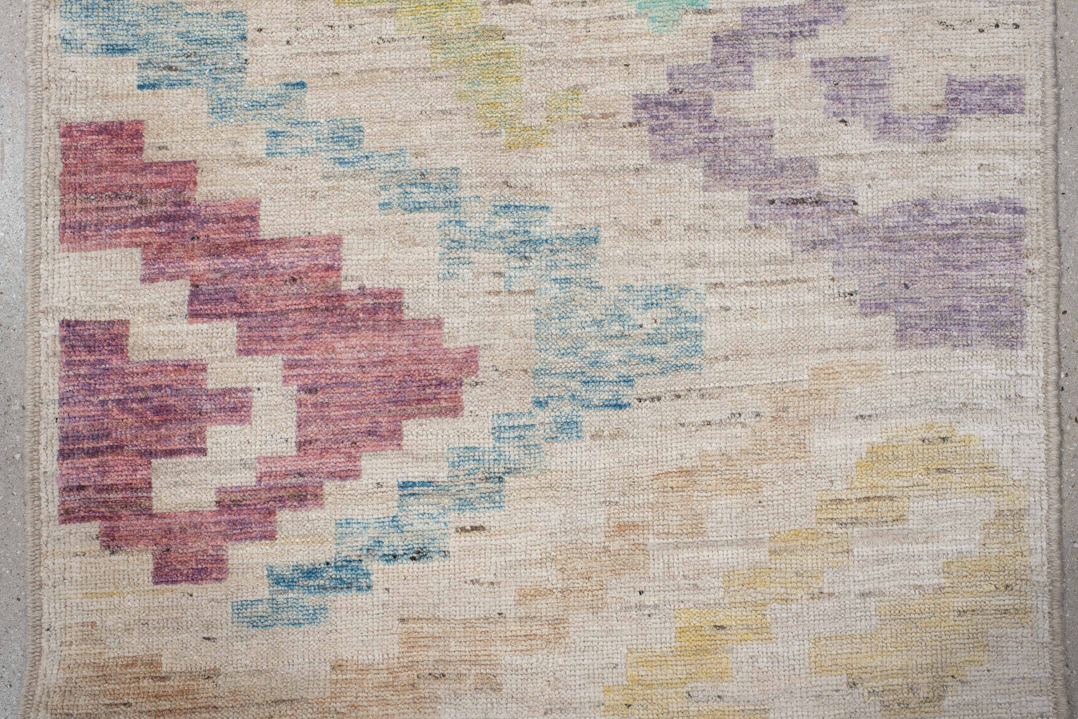 3' x 9' one-of-a-kind handmade vintage Tulu runner rug. Color palette: light gray, off-white, gray, blue, brown, pink