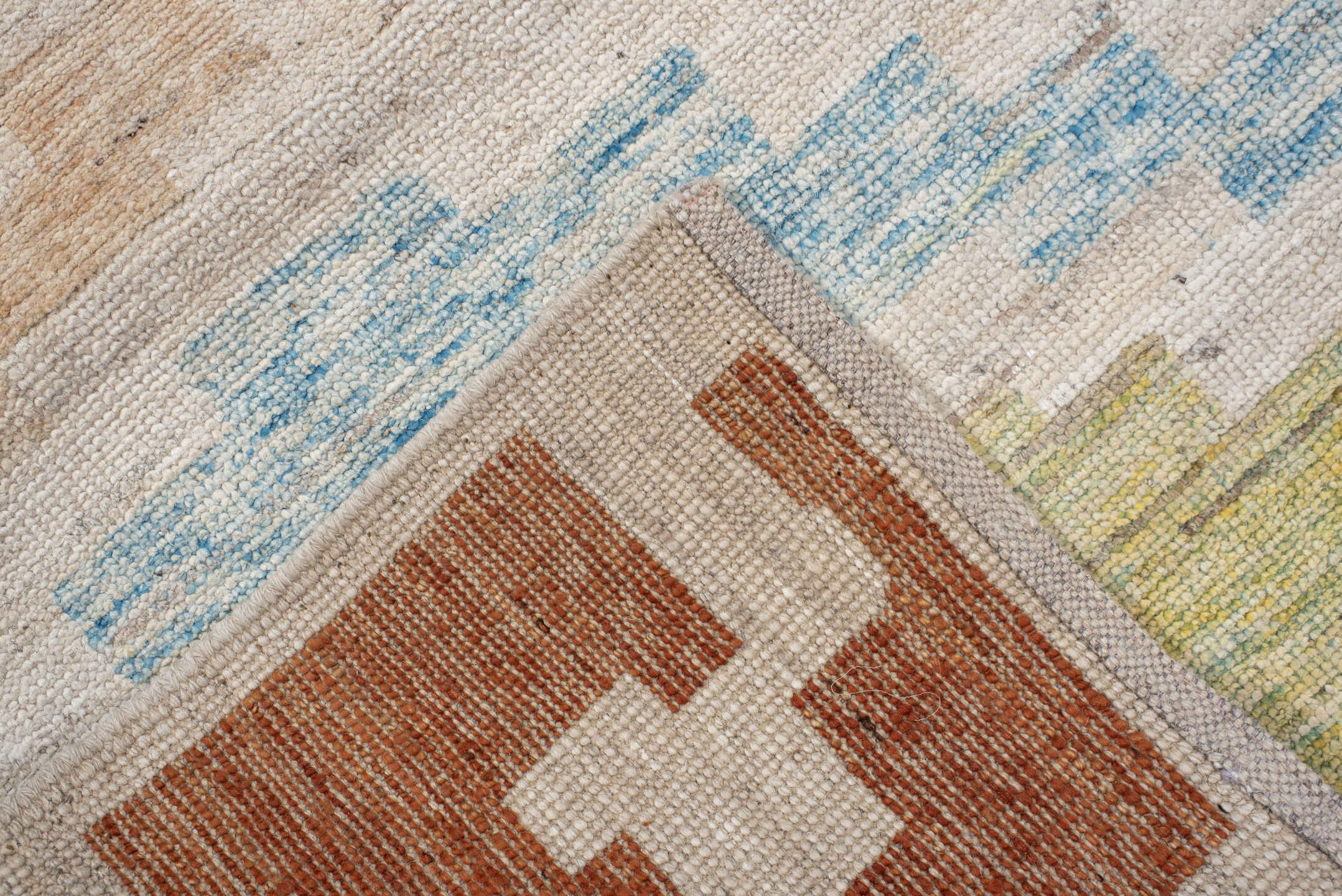 3' x 9' one-of-a-kind handmade vintage Tulu runner rug. Color palette: light gray, off-white, gray, blue, brown, pink