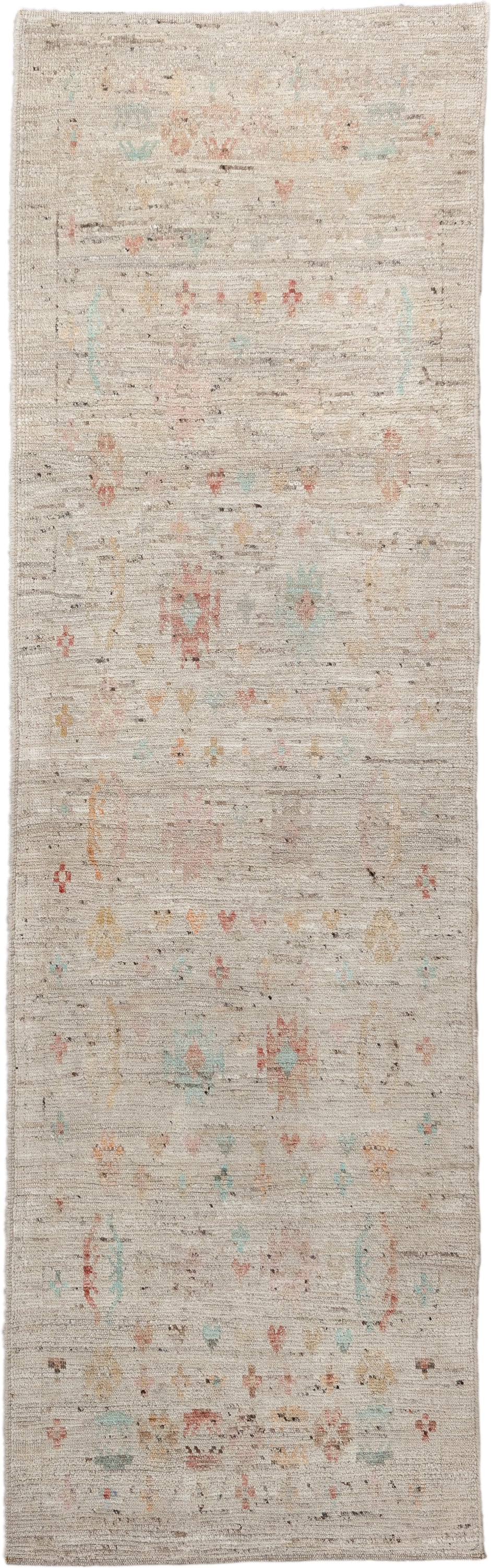 2' x 9' one-of-a-kind handmade vintage Tulu runner rug. Color palette: ivory, beige, taupe, aqua, coral, gold, brown, gray