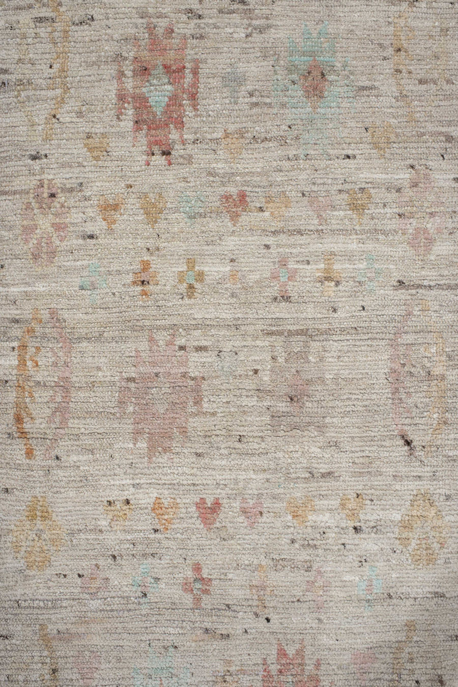 2' x 9' one-of-a-kind handmade vintage Tulu runner rug. Color palette: ivory, beige, taupe, aqua, coral, gold, brown, gray
