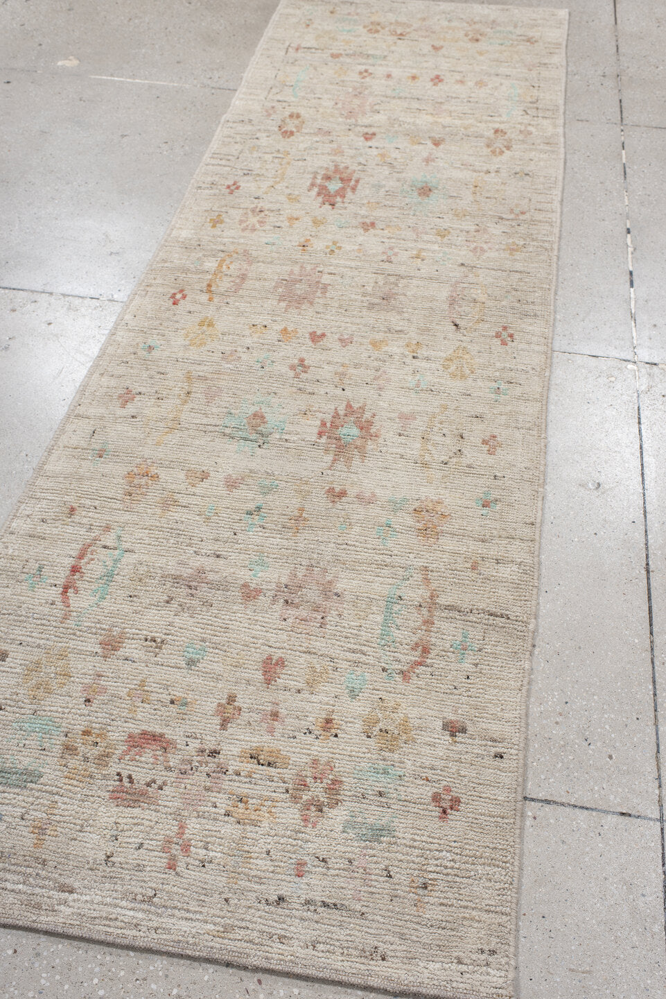 2' x 9' one-of-a-kind handmade vintage Tulu runner rug. Color palette: ivory, beige, taupe, aqua, coral, gold, brown, gray