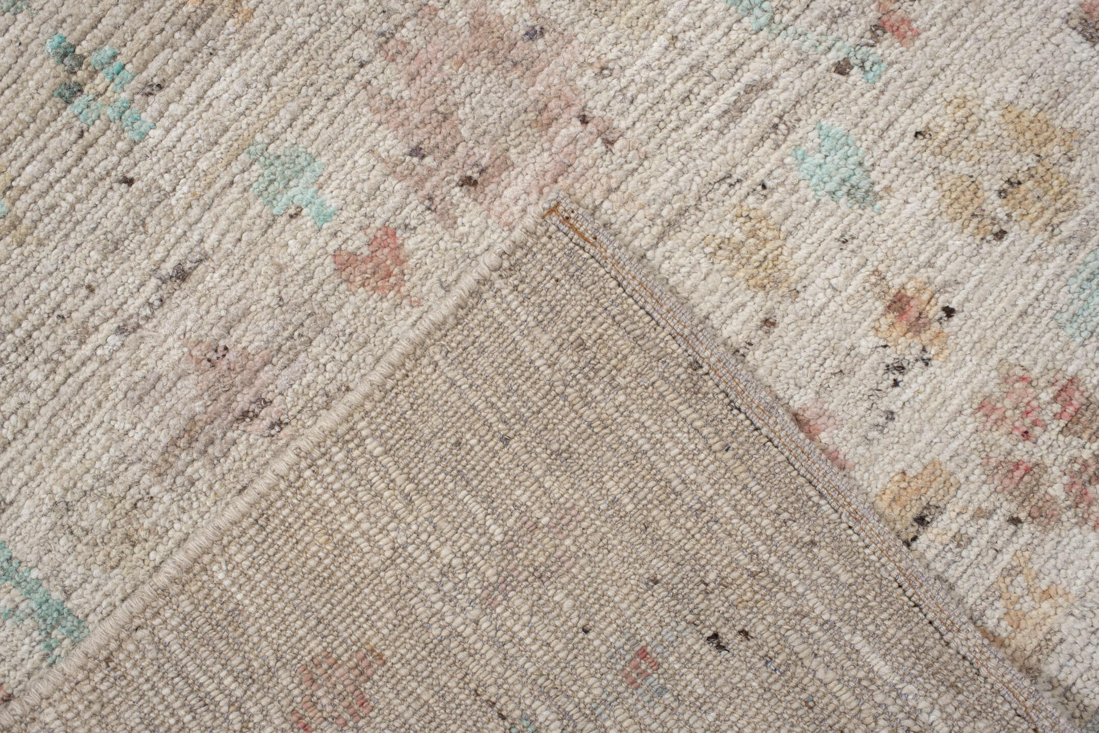 2' x 9' one-of-a-kind handmade vintage Tulu runner rug. Color palette: ivory, beige, taupe, aqua, coral, gold, brown, gray