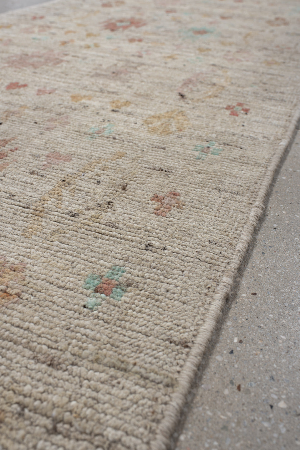 2' x 9' one-of-a-kind handmade vintage Tulu runner rug. Color palette: ivory, beige, taupe, aqua, coral, gold, brown, gray