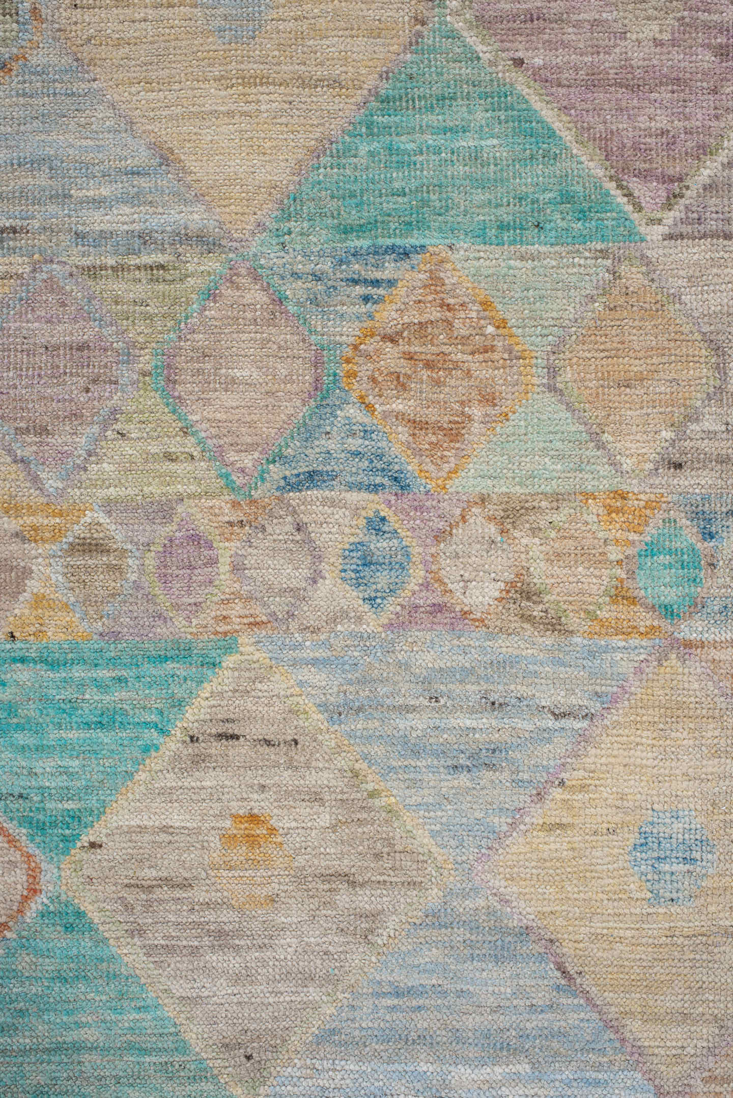 3' x 9' one-of-a-kind handmade vintage Tulu runner rug. Color palette: ivory, beige, aqua, sky_blue, taupe, lavender, peach
