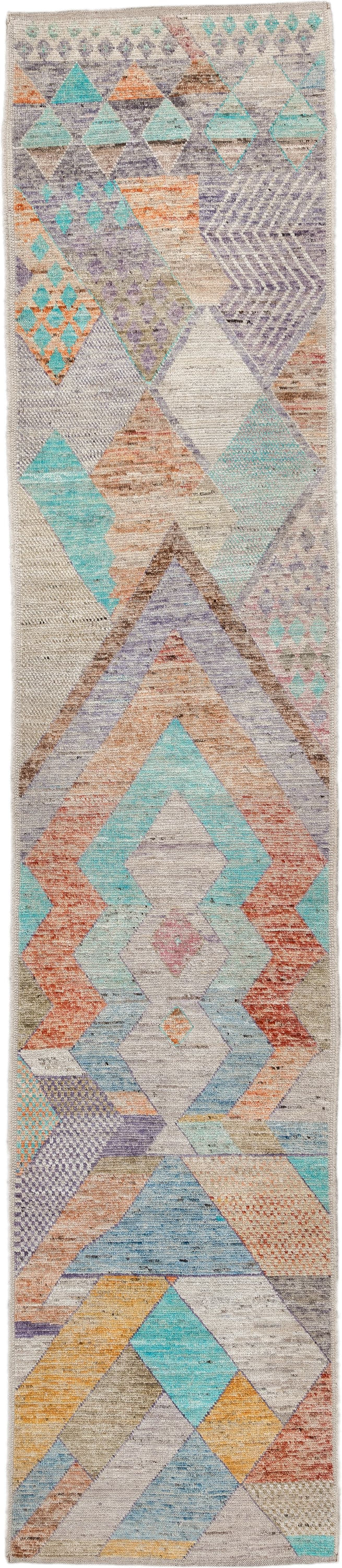 2' x 12' one-of-a-kind handmade vintage Tulu runner rug. Color palette: ivory, aqua, lavender, rust, gold, taupe, sky_blue