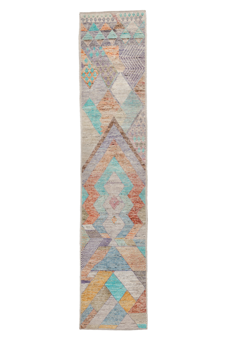 2' x 12' one-of-a-kind handmade vintage Tulu runner rug. Color palette: blue, brown, green, gray, off-white, light gray