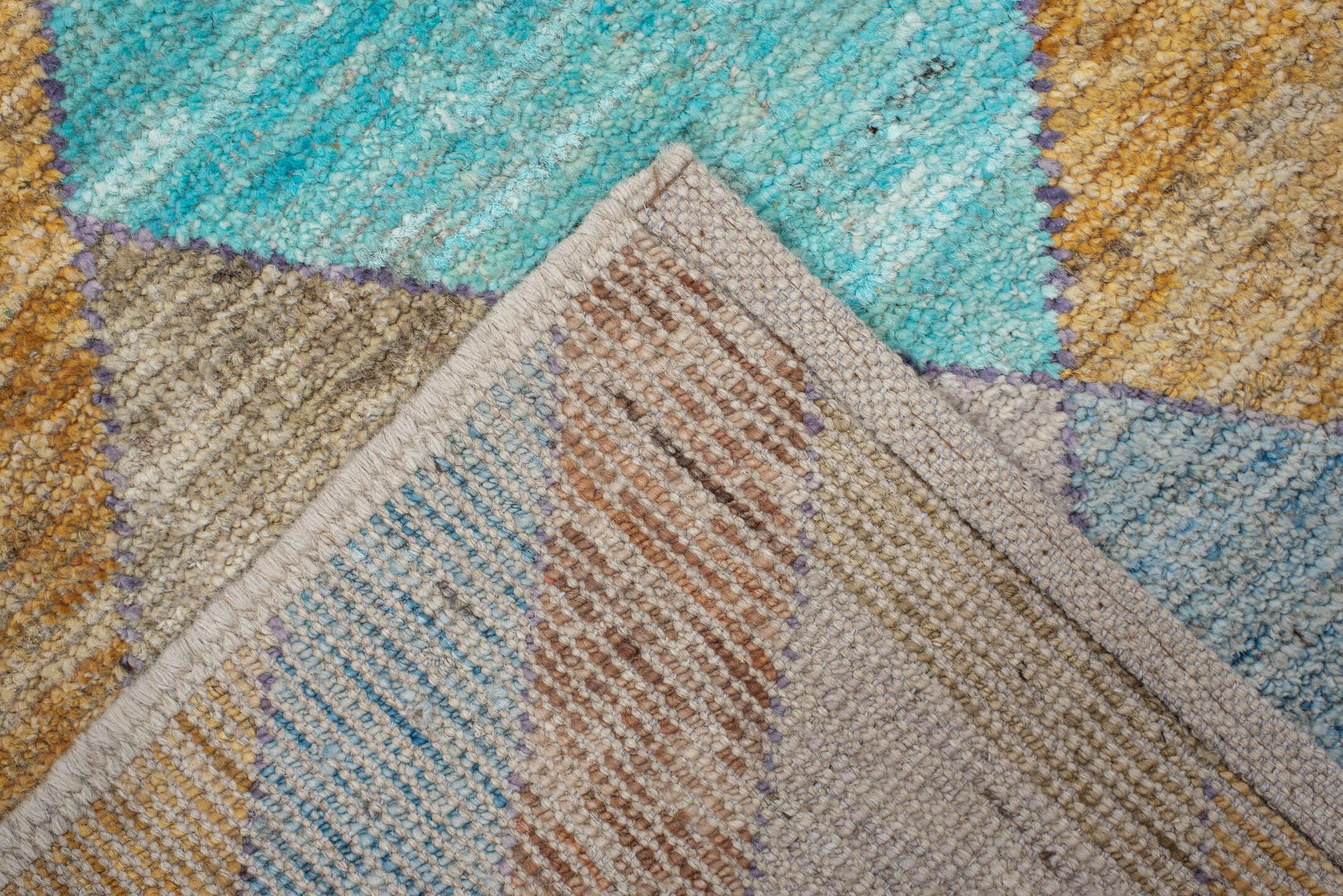 2' x 12' one-of-a-kind handmade vintage Tulu runner rug. Color palette: ivory, aqua, lavender, rust, gold, taupe, sky_blue