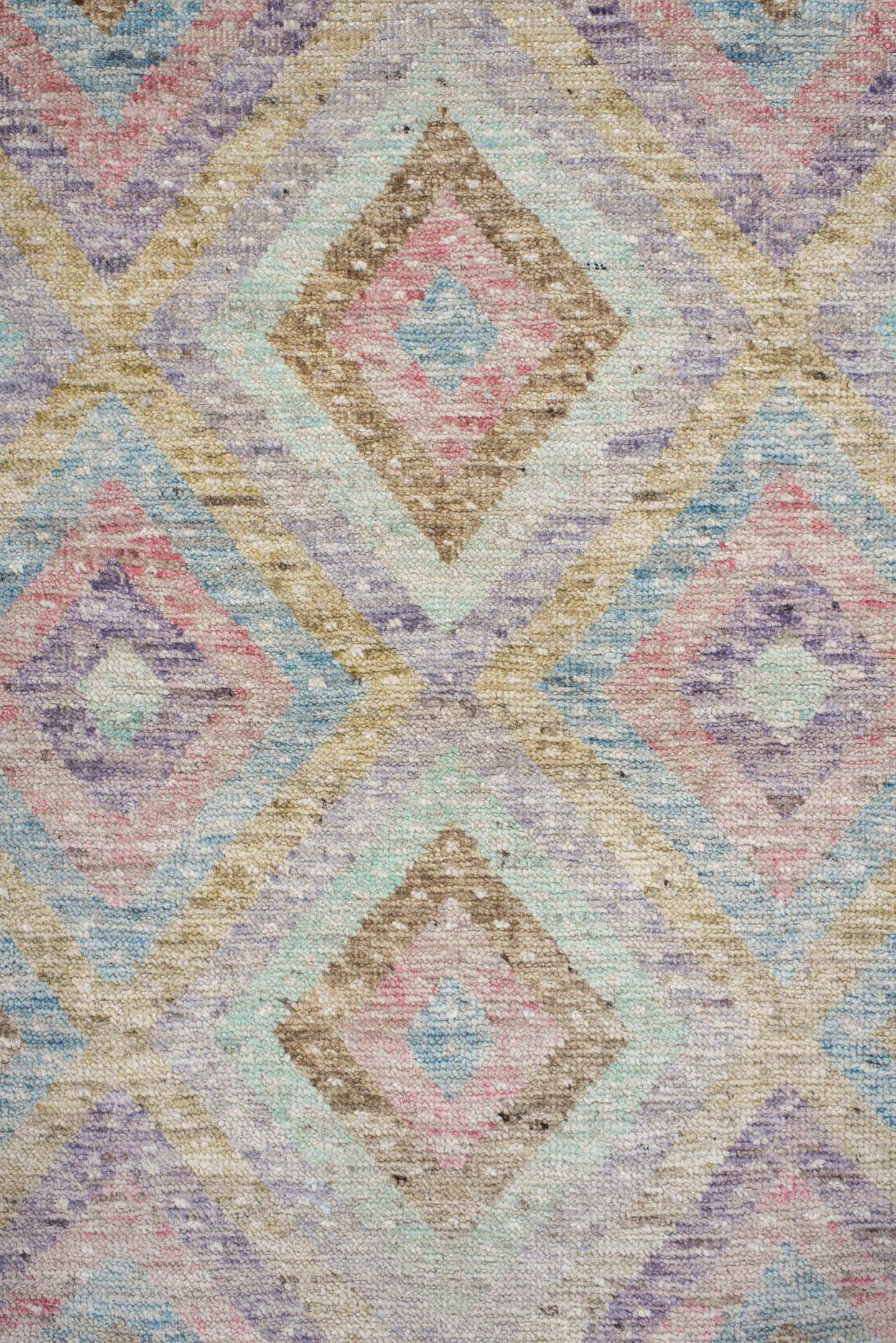 3' x 9' one-of-a-kind handmade vintage Tulu runner rug. Color palette: ivory, aqua, tan, blush, lavender, sage, gold, teal