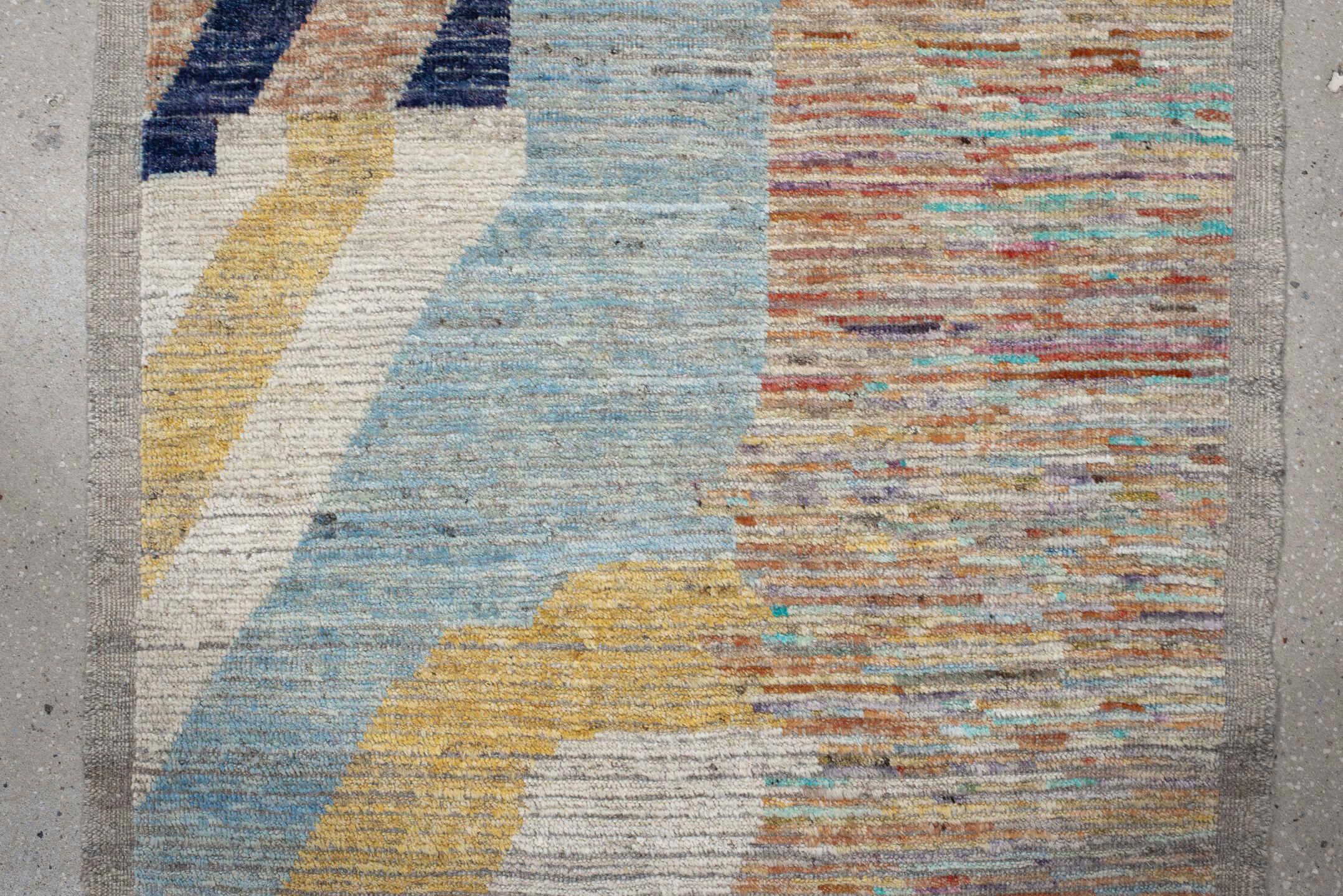 3' x 11' one-of-a-kind handmade vintage Tulu runner rug. Color palette: ivory, sky blue, navy, camel, rust, gold, taupe