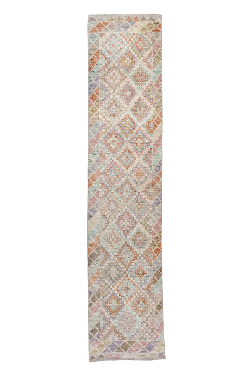 2' x 12' one-of-a-kind handmade vintage Tulu runner rug. Color palette: brown, dark gray, gray, light gray, off-white, pink