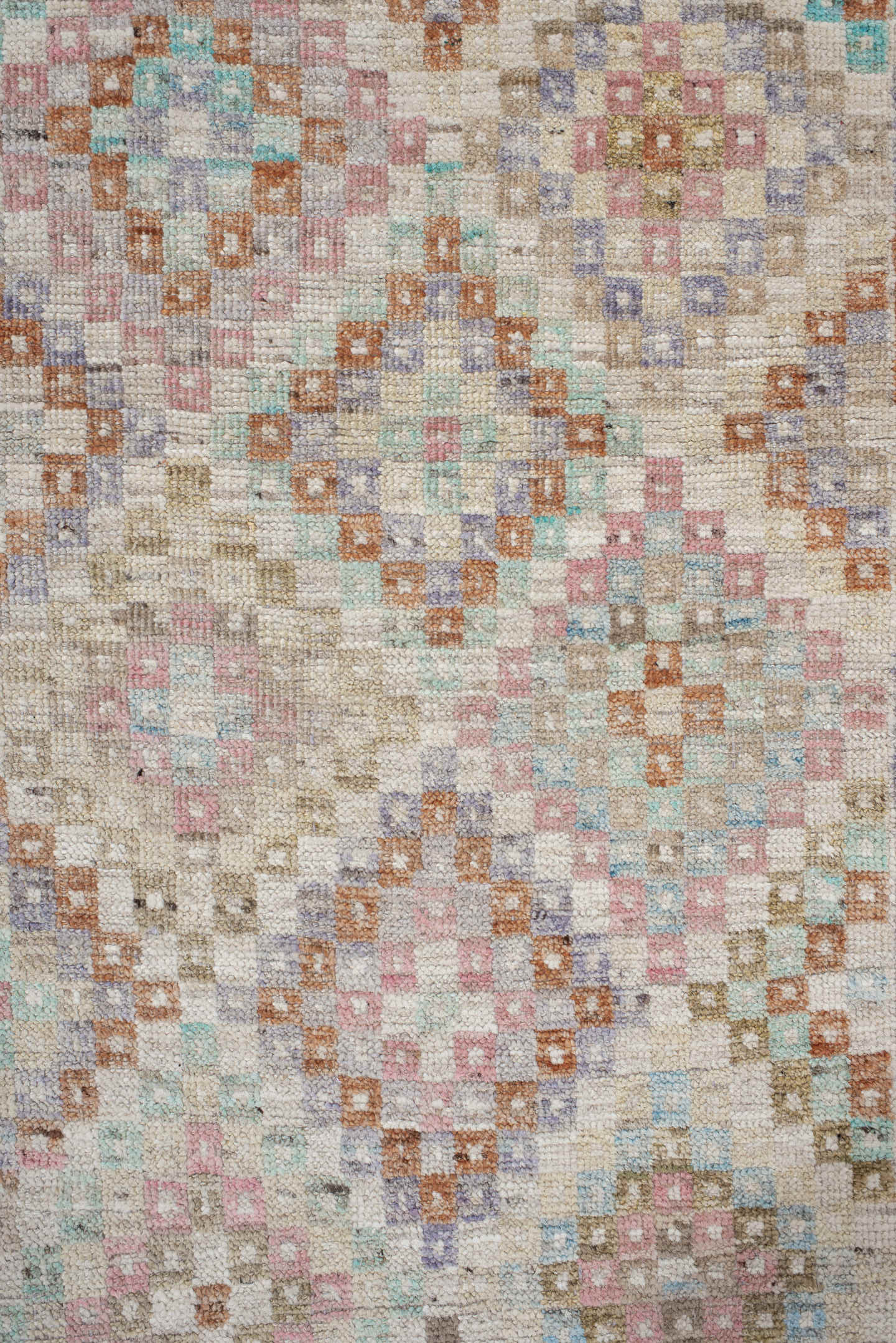 2' x 12' one-of-a-kind handmade vintage Tulu runner rug. Color palette: ivory, taupe, aqua, rust, lavender, rose, sage, sand