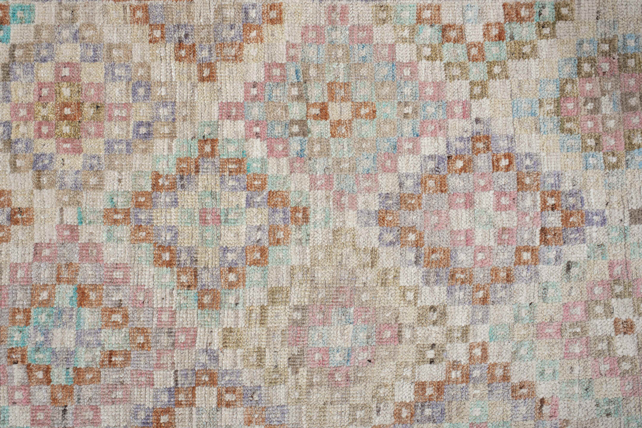 2' x 12' one-of-a-kind handmade vintage Tulu runner rug. Color palette: brown, dark gray, gray, light gray, off-white, pink