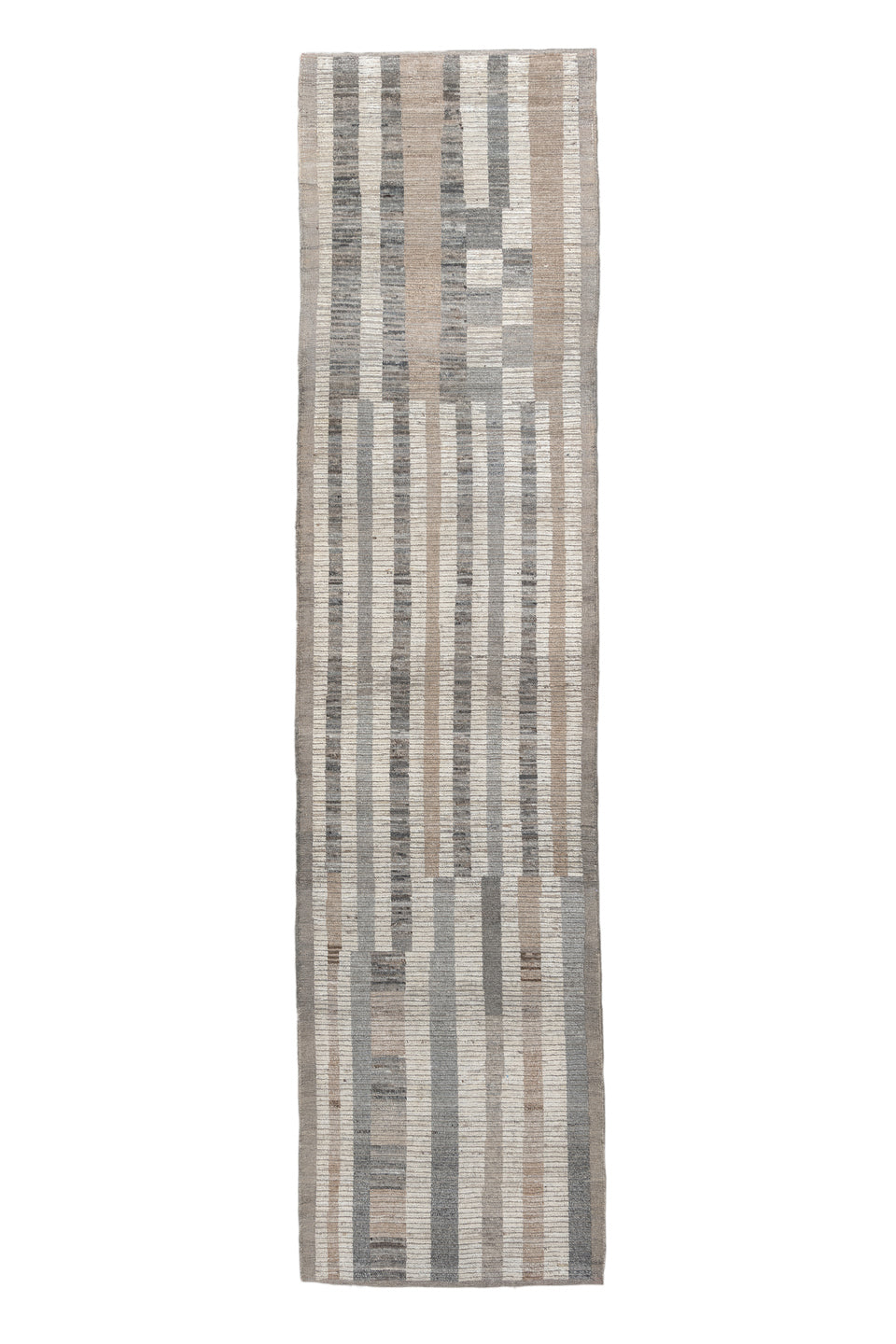 3' x 12' one-of-a-kind handmade vintage Tulu runner rug. Color palette: dark gray, dim gray, gainsboro, gray, light gray