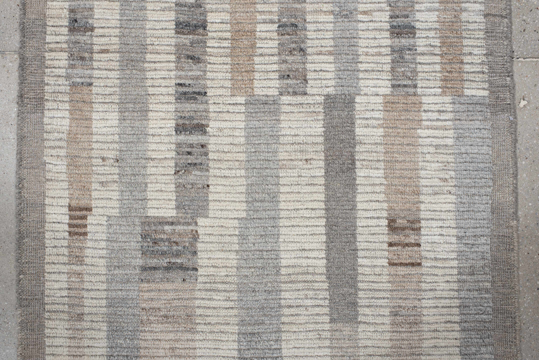 3' x 12' one-of-a-kind handmade vintage Tulu runner rug. Color palette: taupe, ivory, gray, cream, charcoal, greige, beige